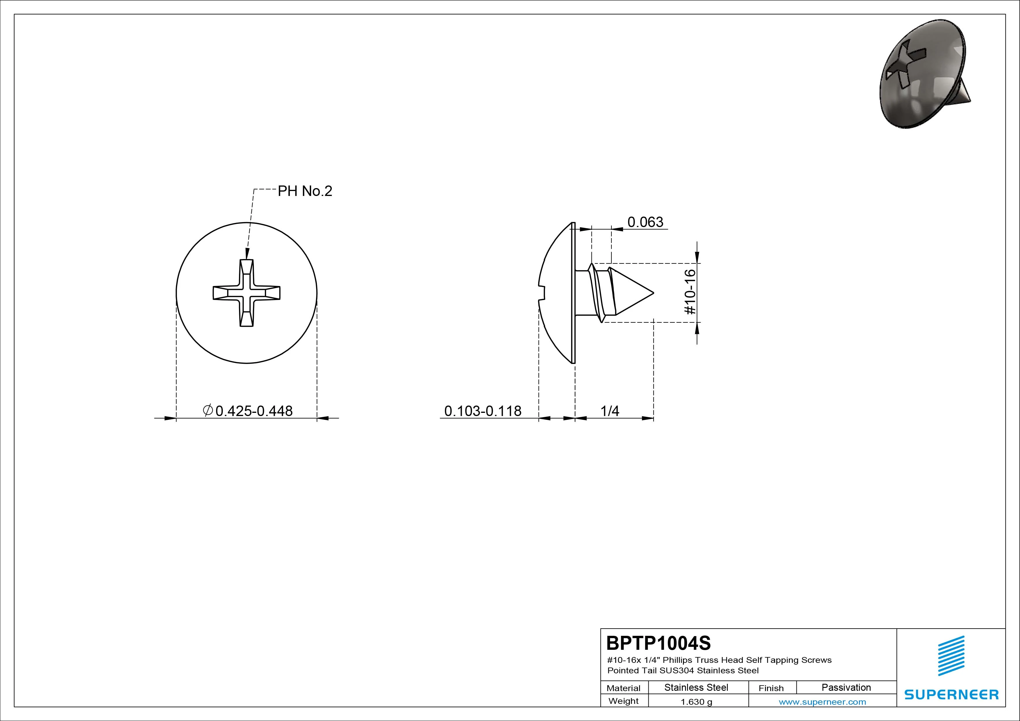 #10-16 x 1/4" Phillips Truss Head Self Tapping Screws Pointed Tail SUS304 Stainless Steel