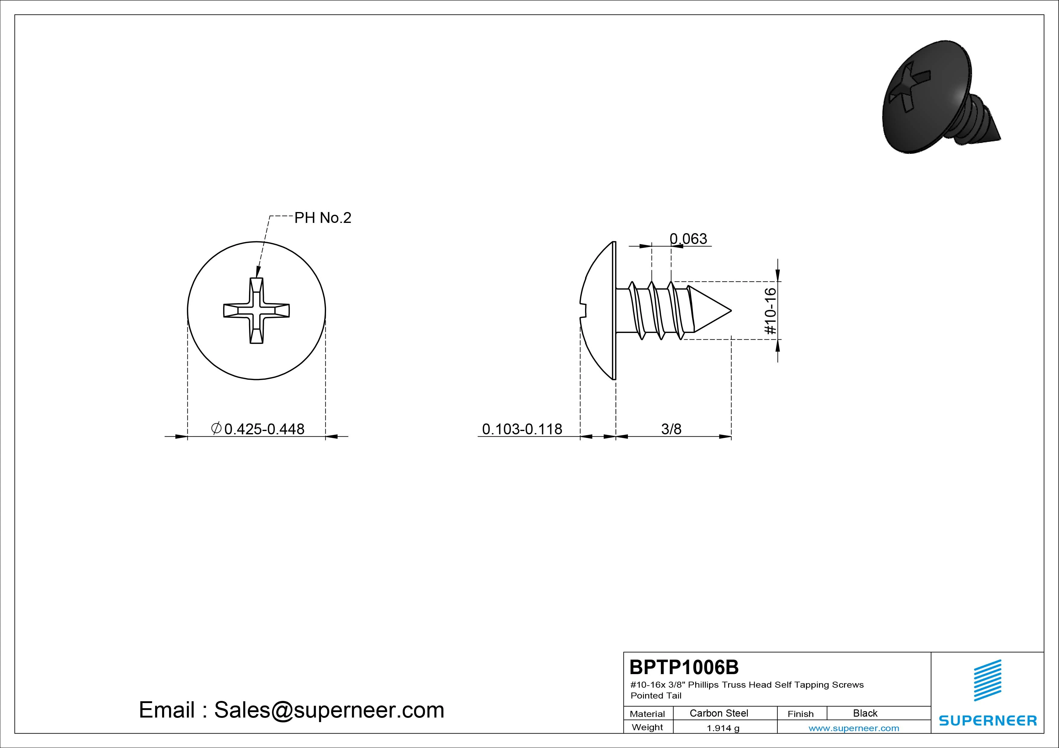 #10-16 x 3/8" Phillips Truss Head Self Tapping Screws Pointed Tail Steel Black Zinc Plated