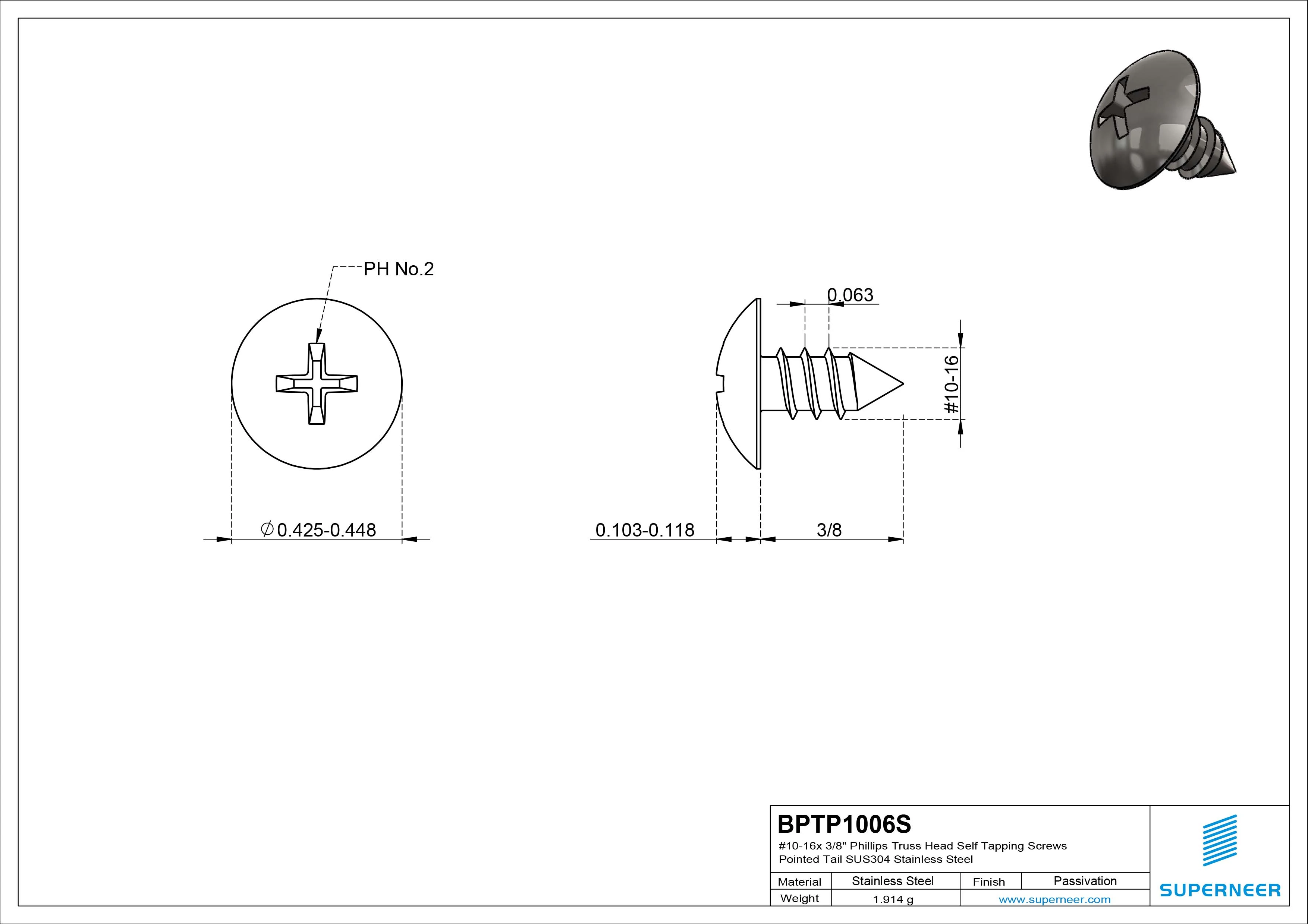 #10-16 x 3/8" Phillips Truss Head Self Tapping Screws Pointed Tail SUS304 Stainless Steel