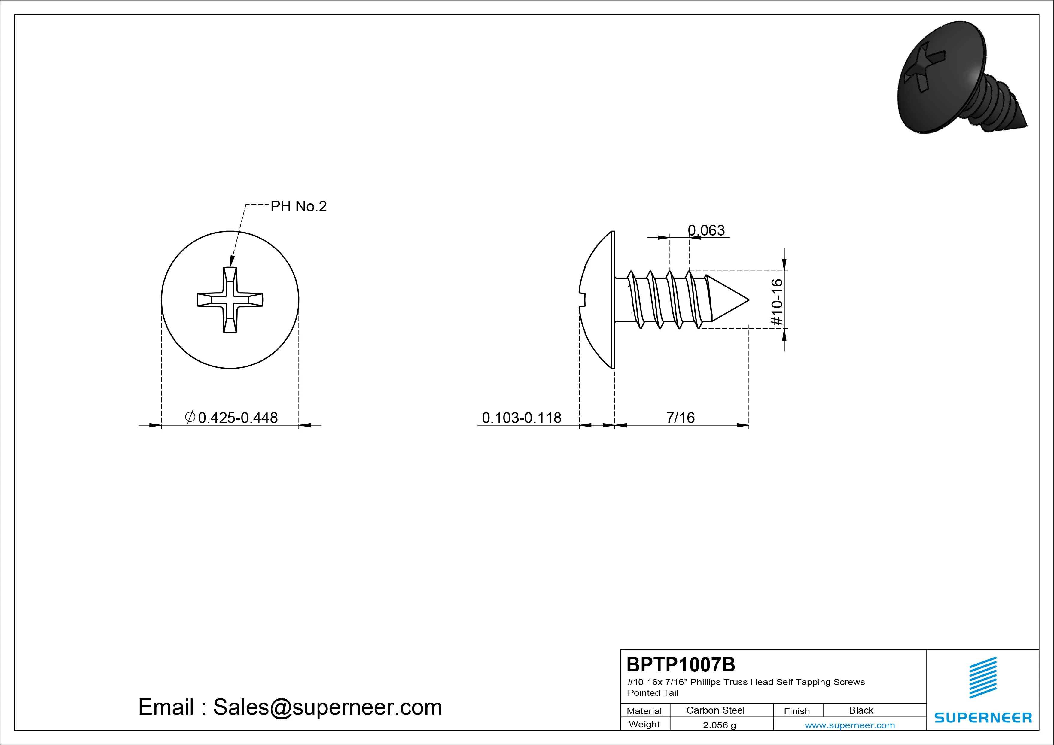 #10-16 x 7/16" Phillips Truss Head Self Tapping Screws Pointed Tail Steel Black Zinc Plated