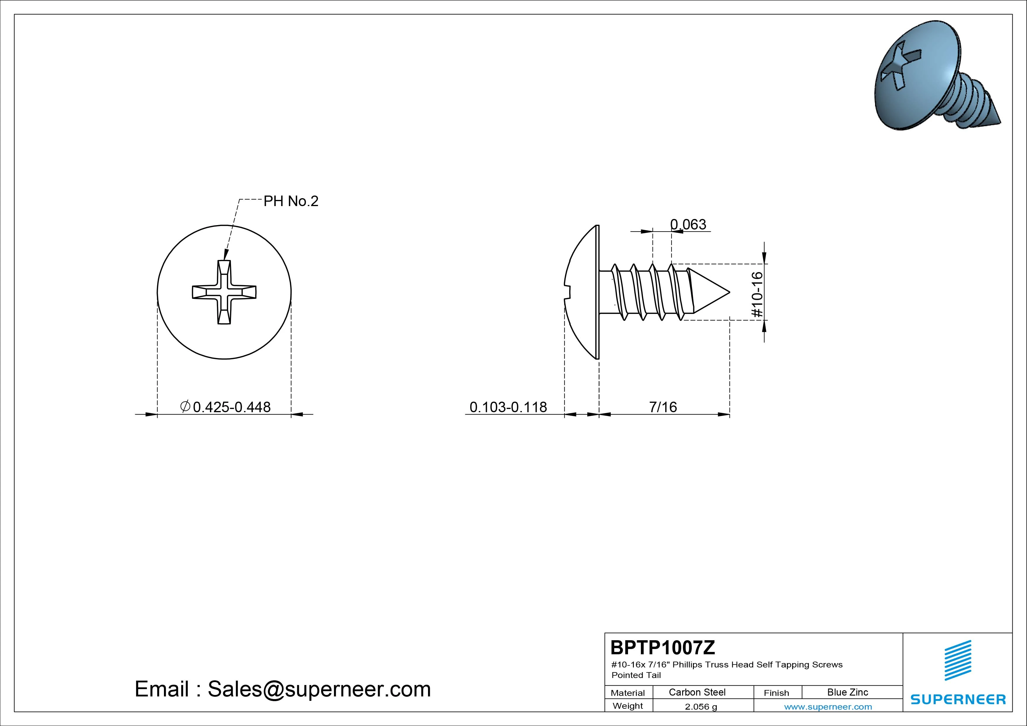 #10-16 x 7/16" Phillips Truss Head Self Tapping Screws Pointed Tail Steel Blue Zinc Plated