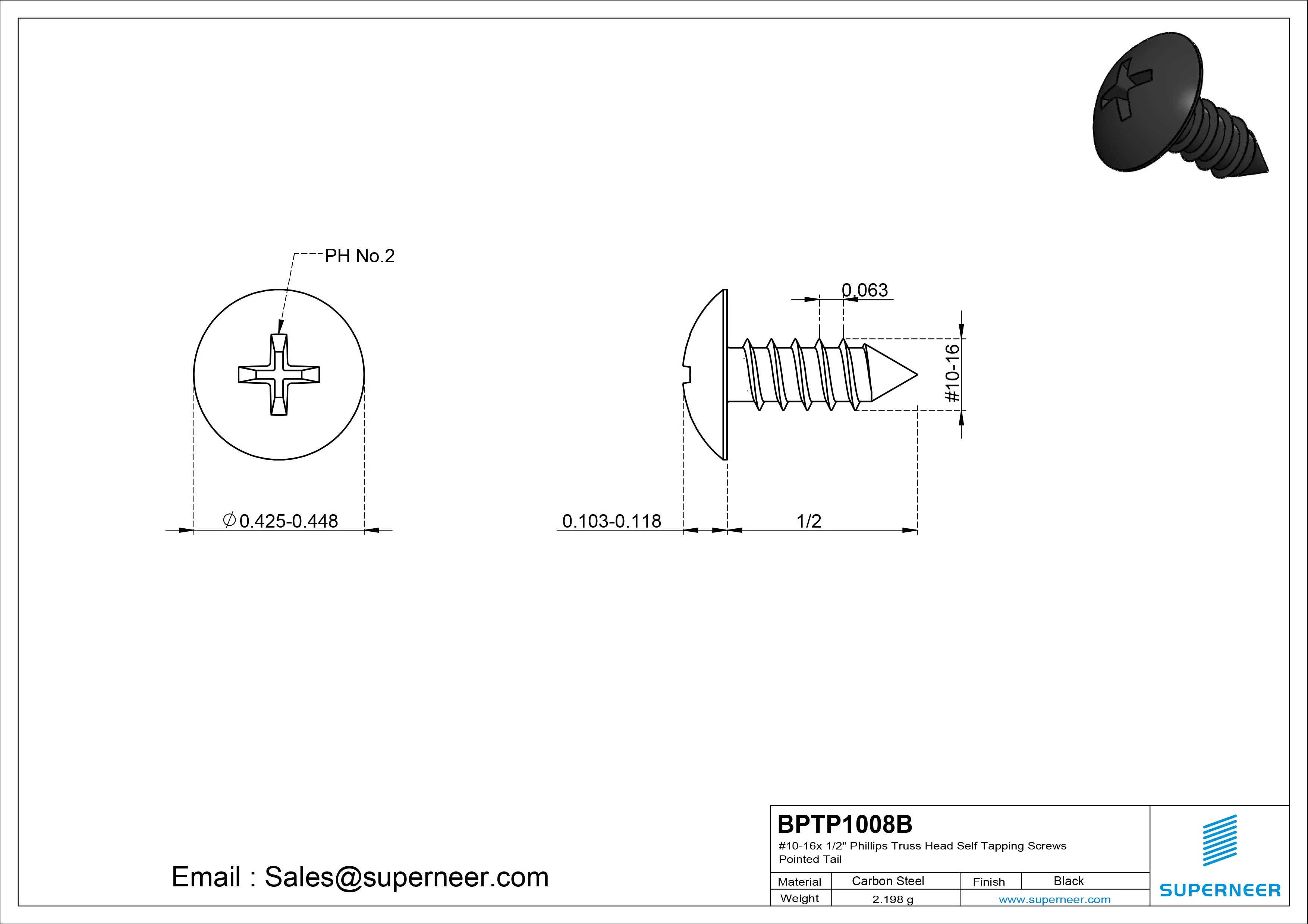 #10-16 x 1/2" Phillips Truss Head Self Tapping Screws Pointed Tail Steel Black Zinc Plated