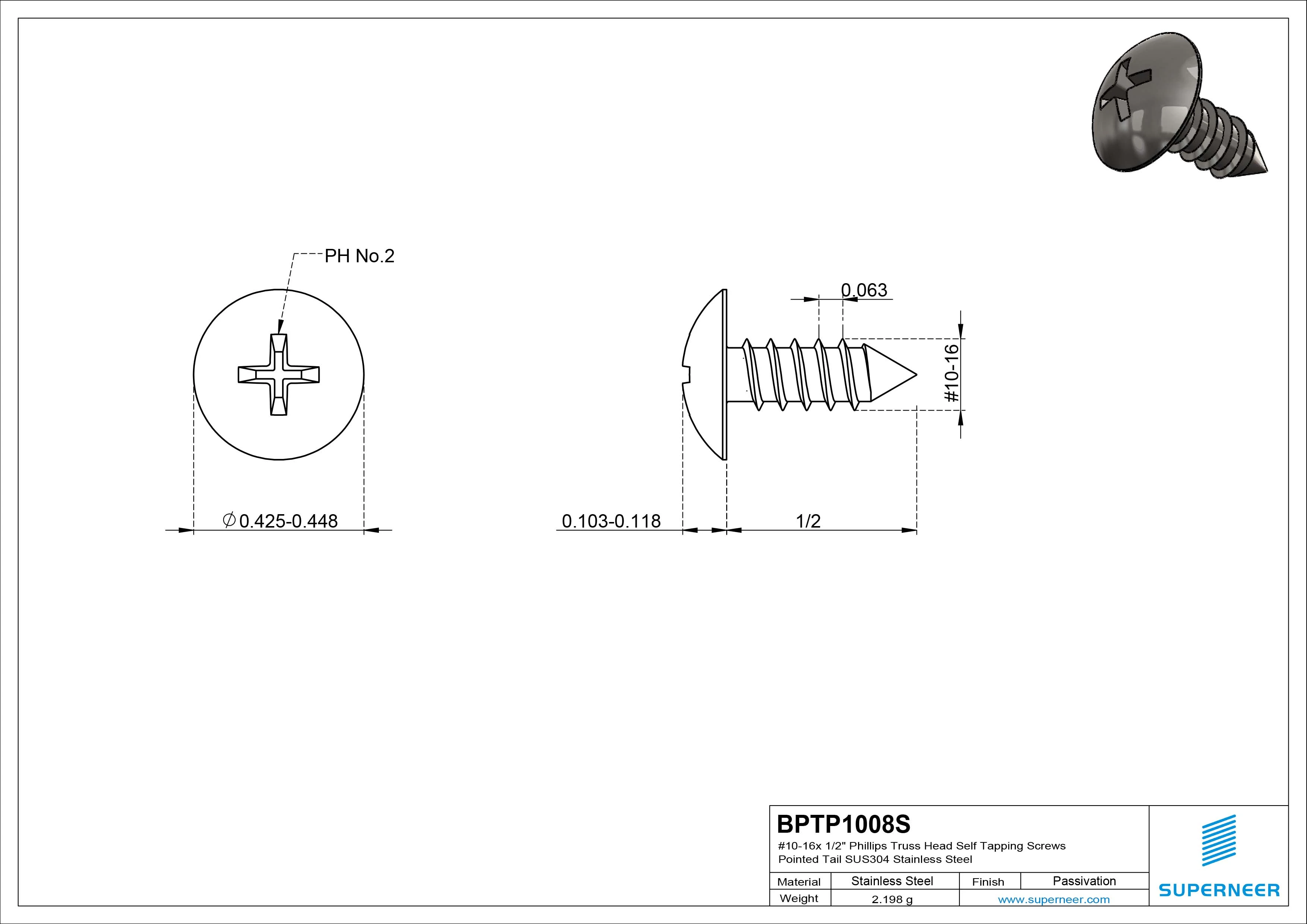 #10-16 x 1/2" Phillips Truss Head Self Tapping Screws Pointed Tail SUS304 Stainless Steel