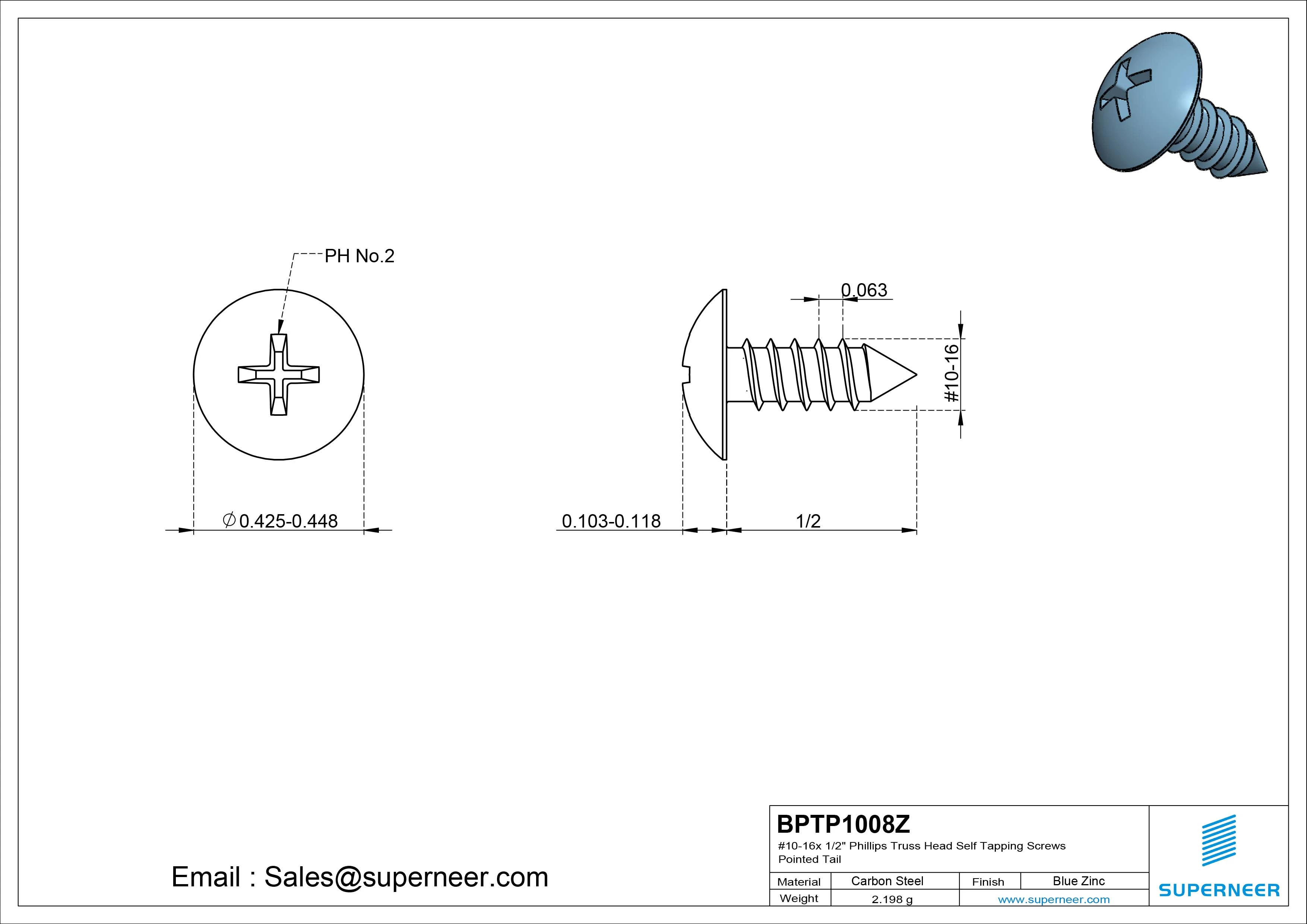 #10-16 x 1/2" Phillips Truss Head Self Tapping Screws Pointed Tail Steel Blue Zinc Plated