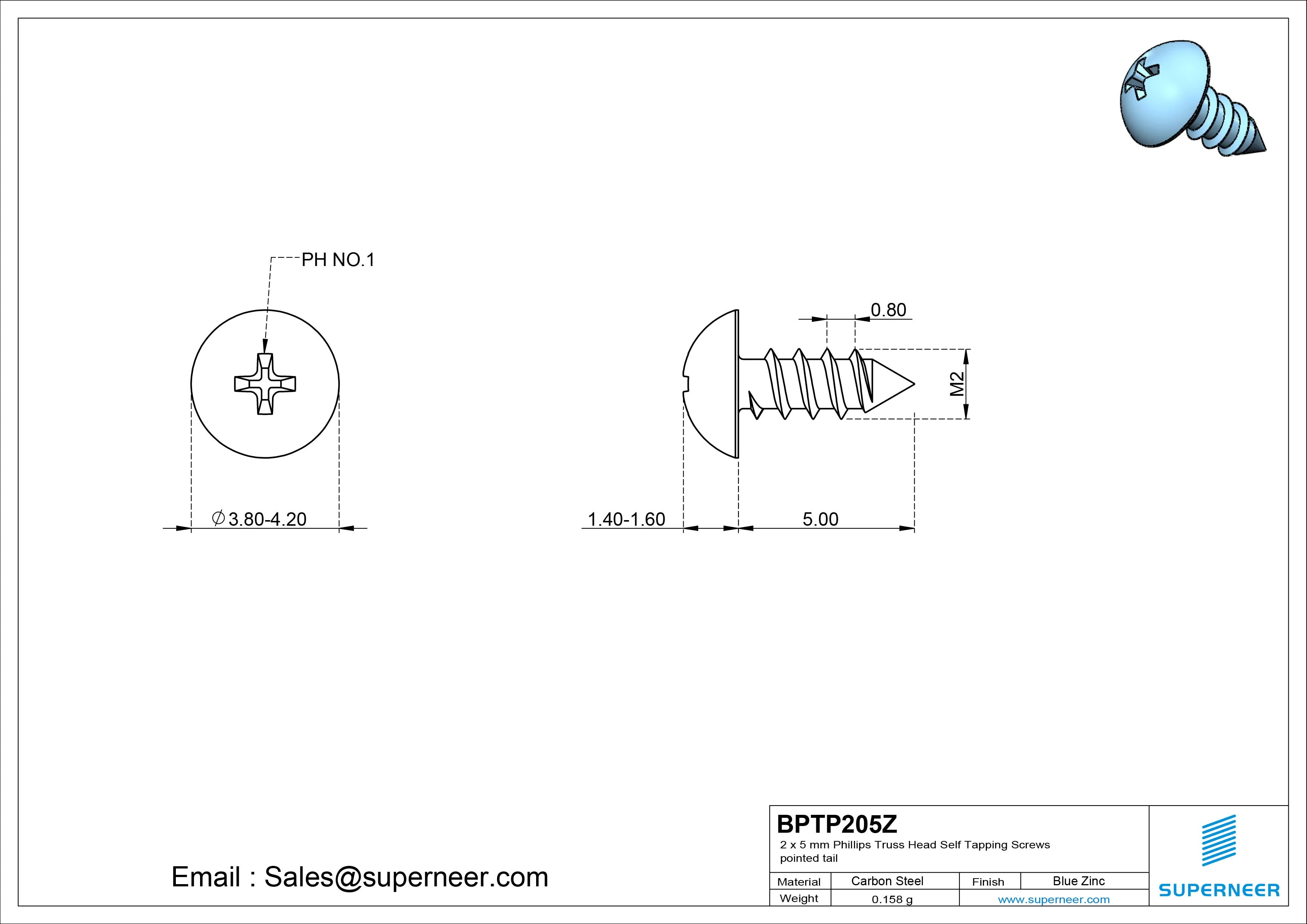 2 x 5mm Phillips Truss Head Self Tapping Screws Pointed Tail Steel Blue Zinc Plated