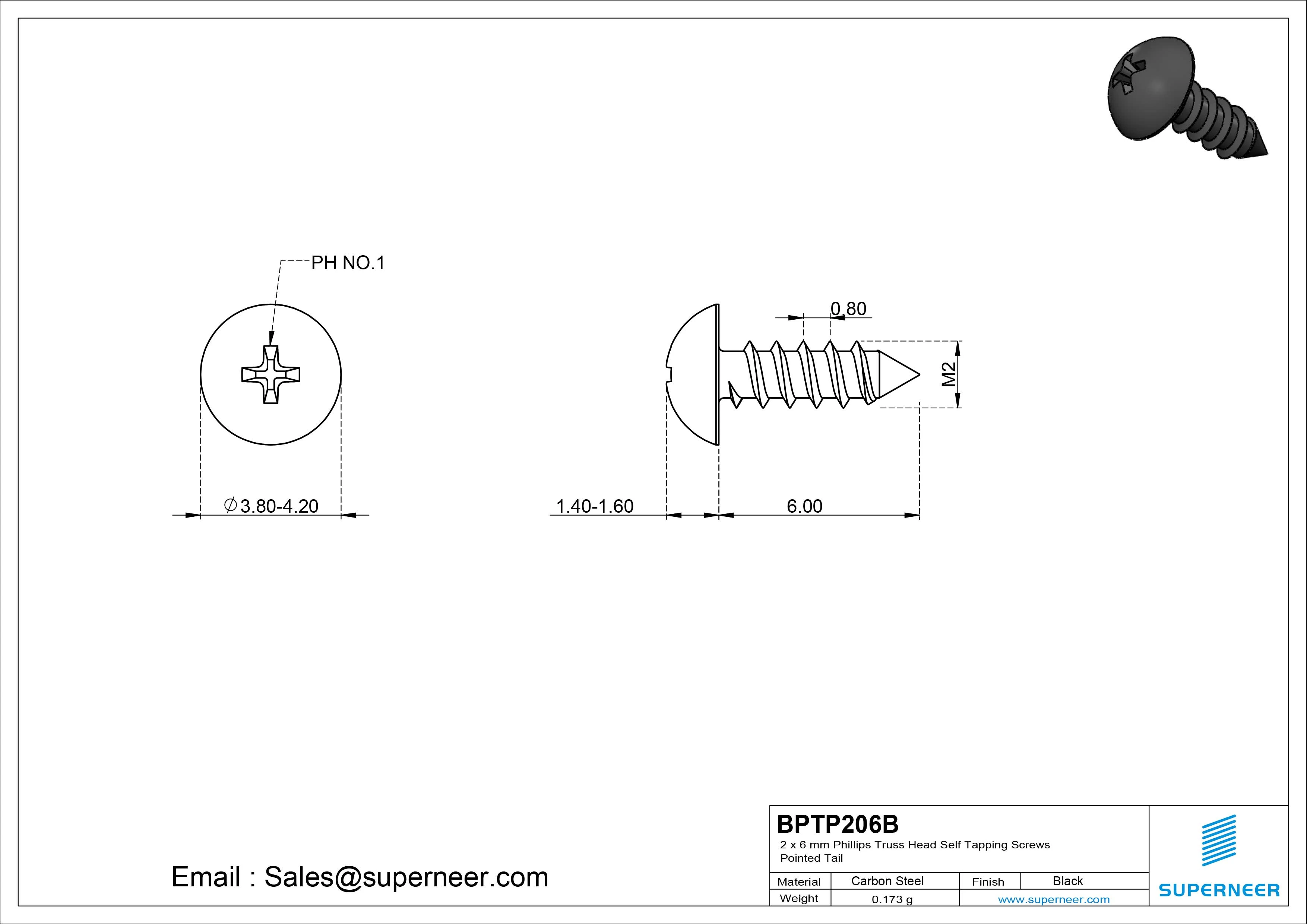 2 x 6mm Phillips Truss Head Self Tapping Screws Pointed Tail Steel Black Zinc Plated