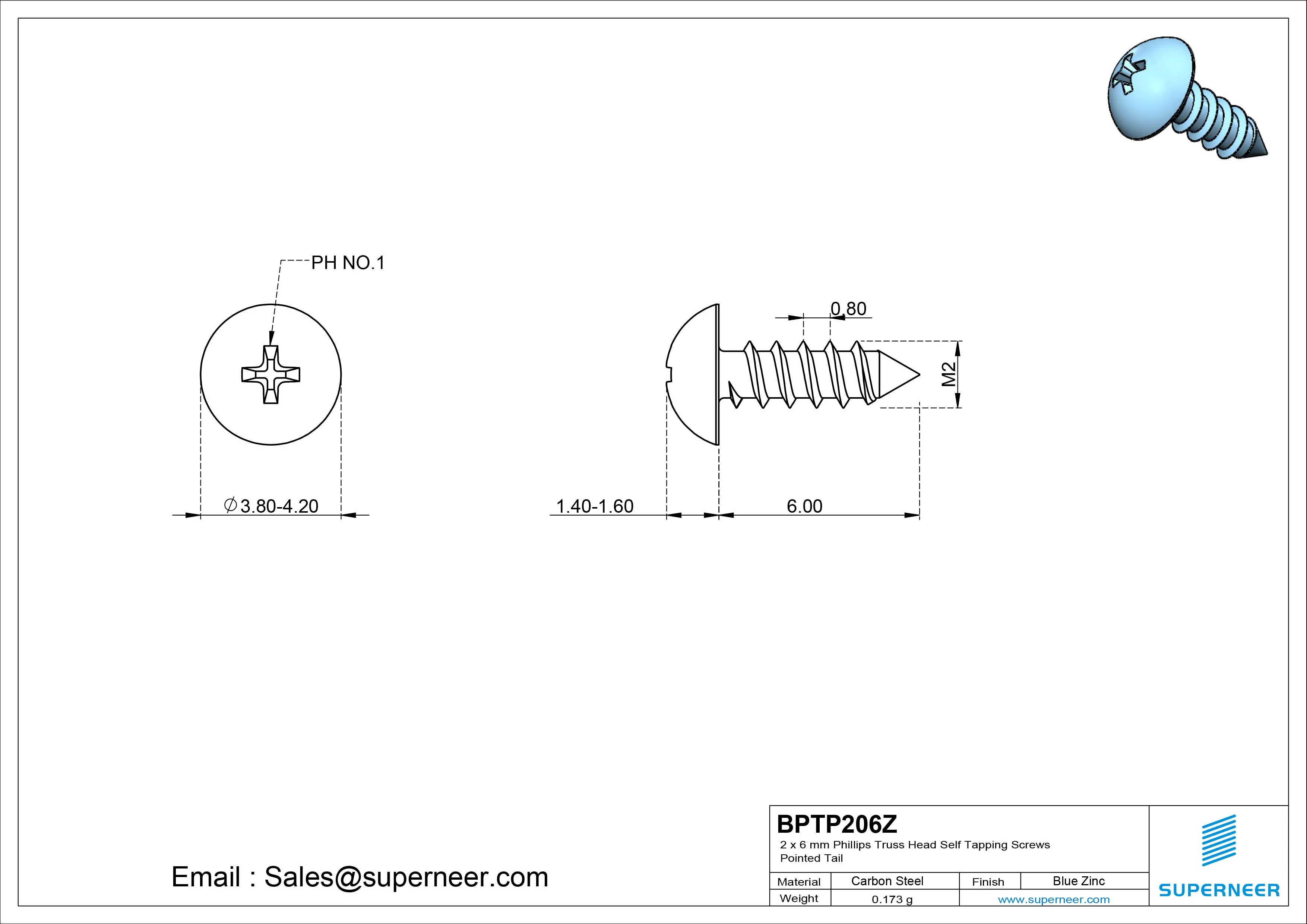 2 x 6mm Phillips Truss Head Self Tapping Screws Pointed Tail Steel Blue Zinc Plated