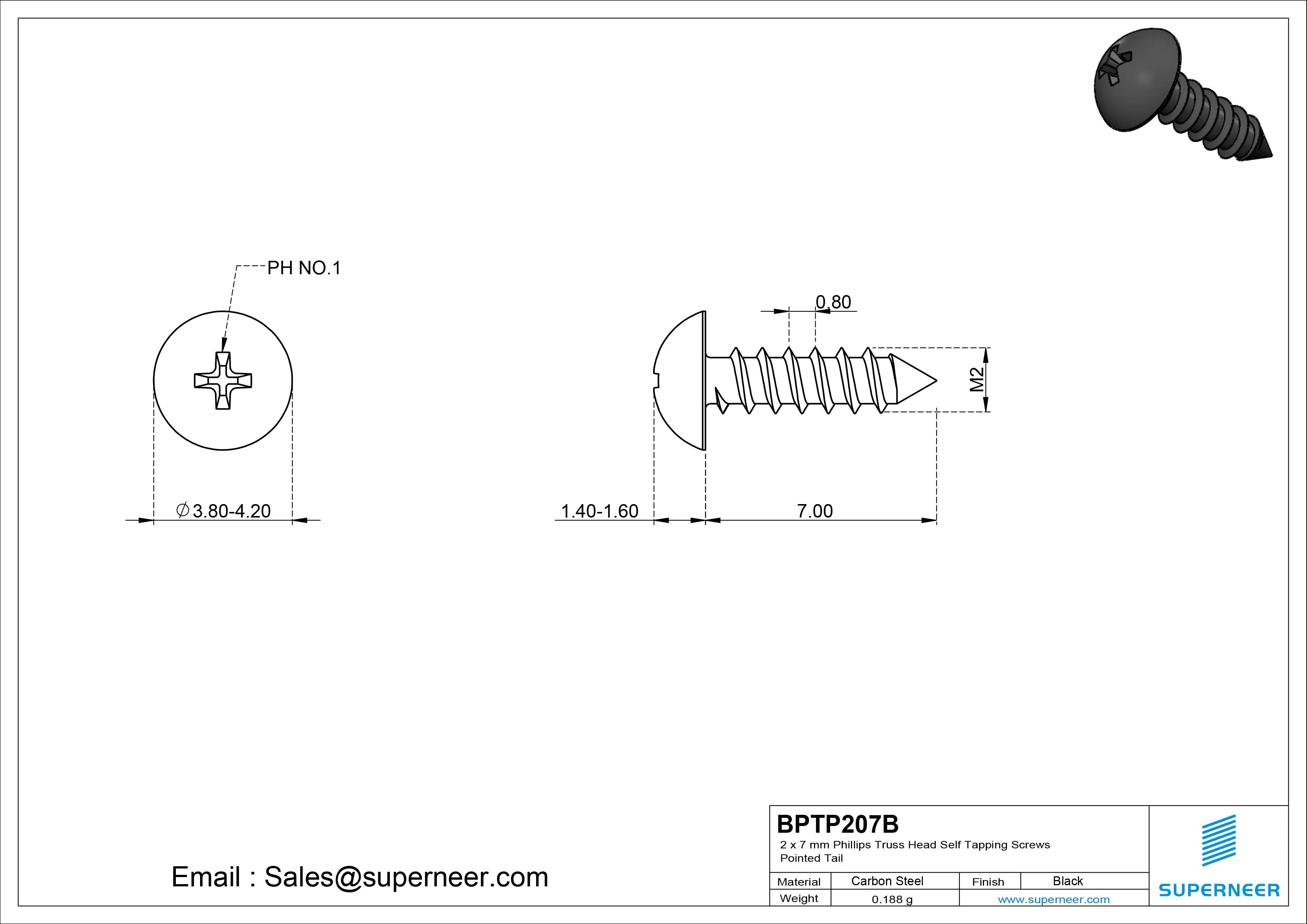 2 x 7mm Phillips Truss Head Self Tapping Screws Pointed Tail Steel Black Zinc Plated