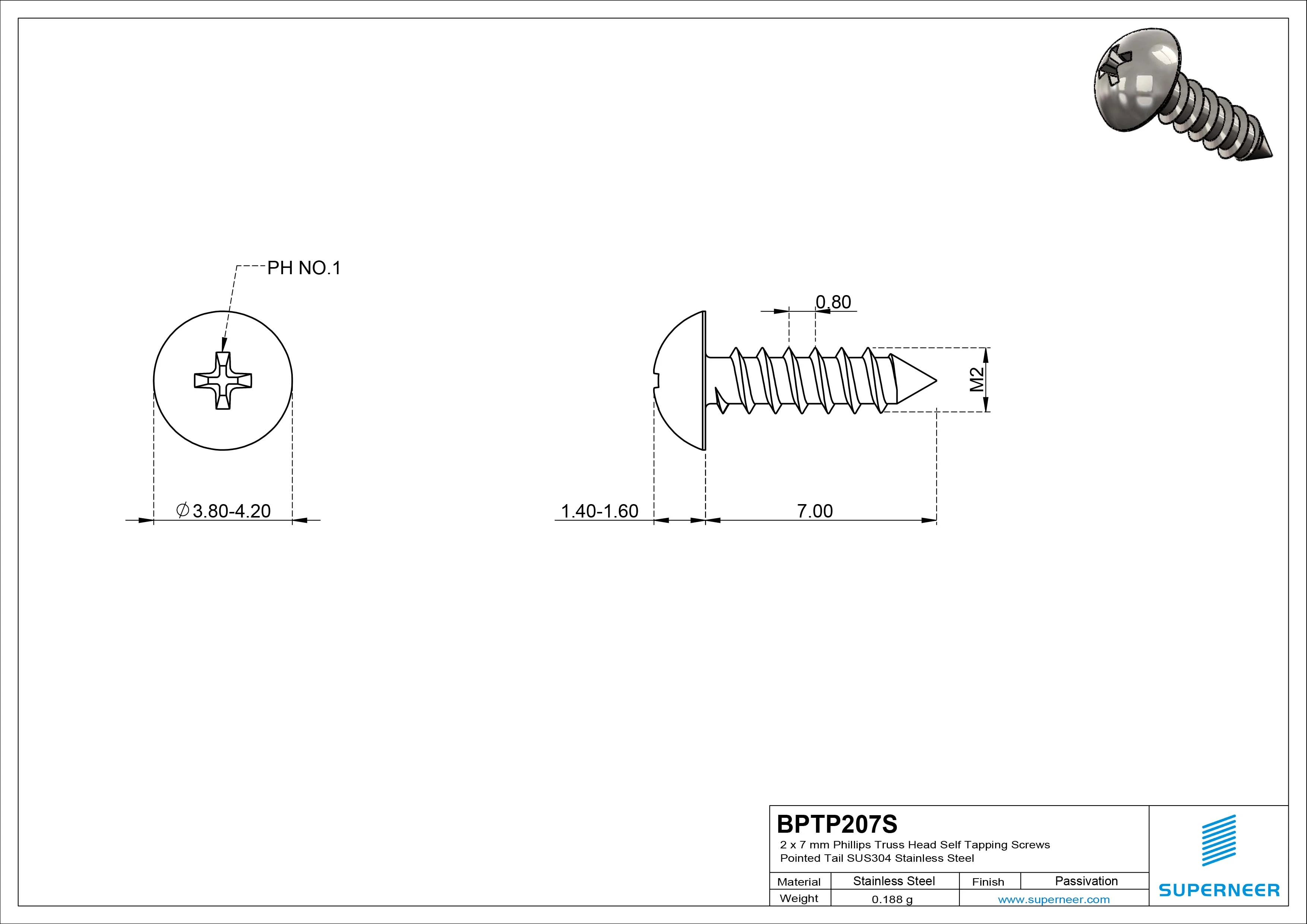 2 x 7mm Phillips Truss Head Self Tapping Screws Pointed Tail SUS304 Stainless Steel