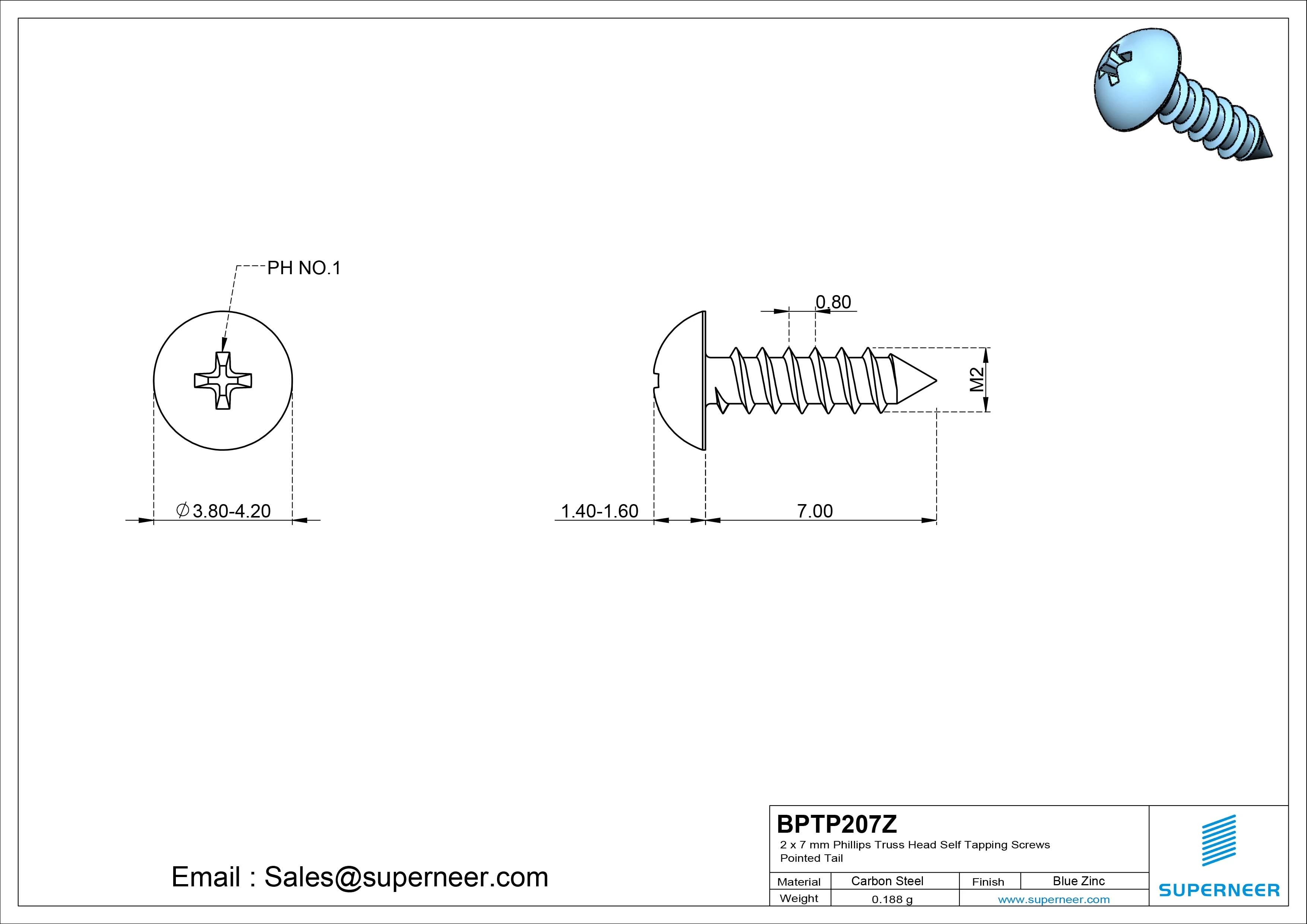 2 x 7mm Phillips Truss Head Self Tapping Screws Pointed Tail Steel Blue Zinc Plated