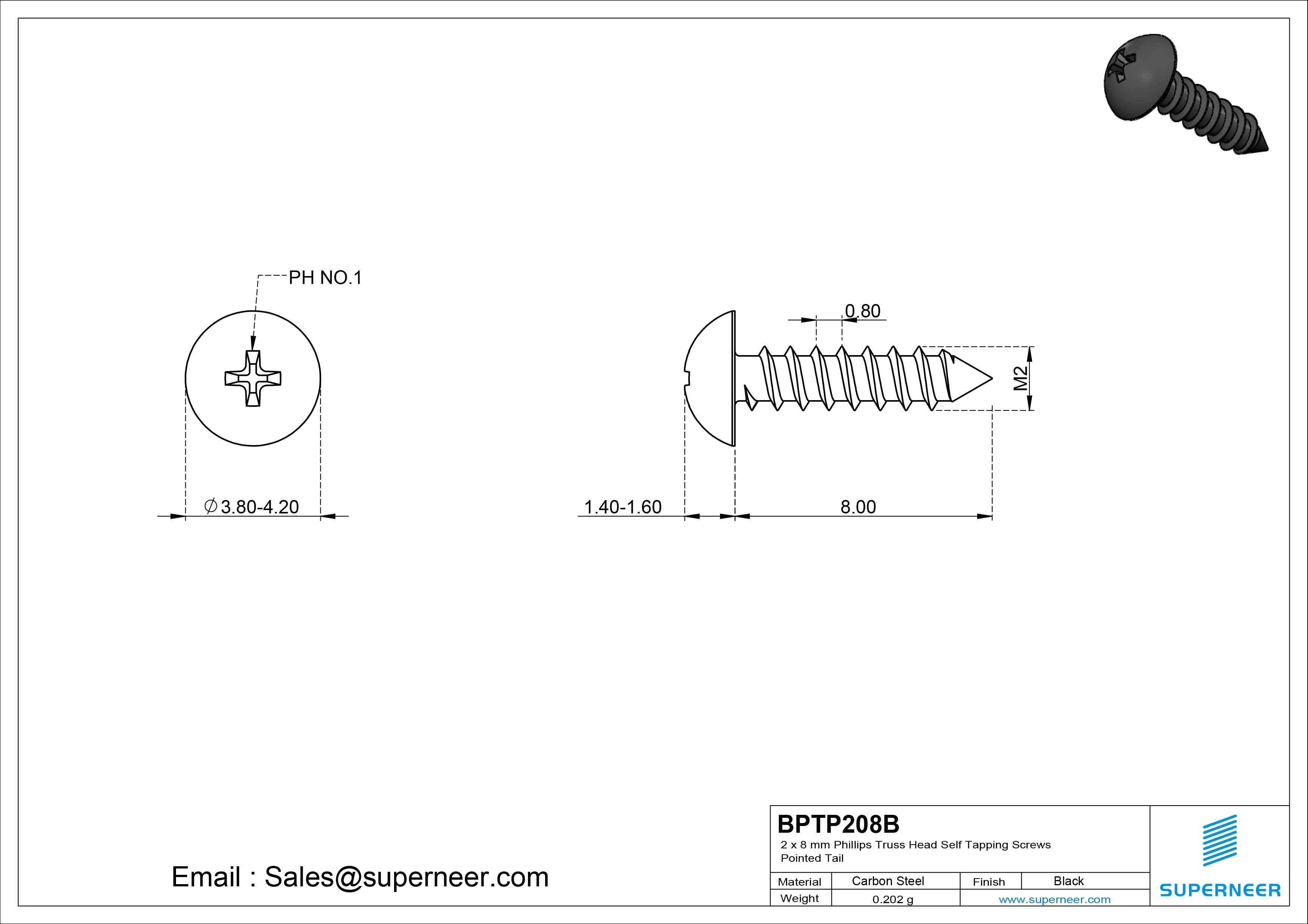2 x 8mm Phillips Truss Head Self Tapping Screws Pointed Tail Steel Black Zinc Plated