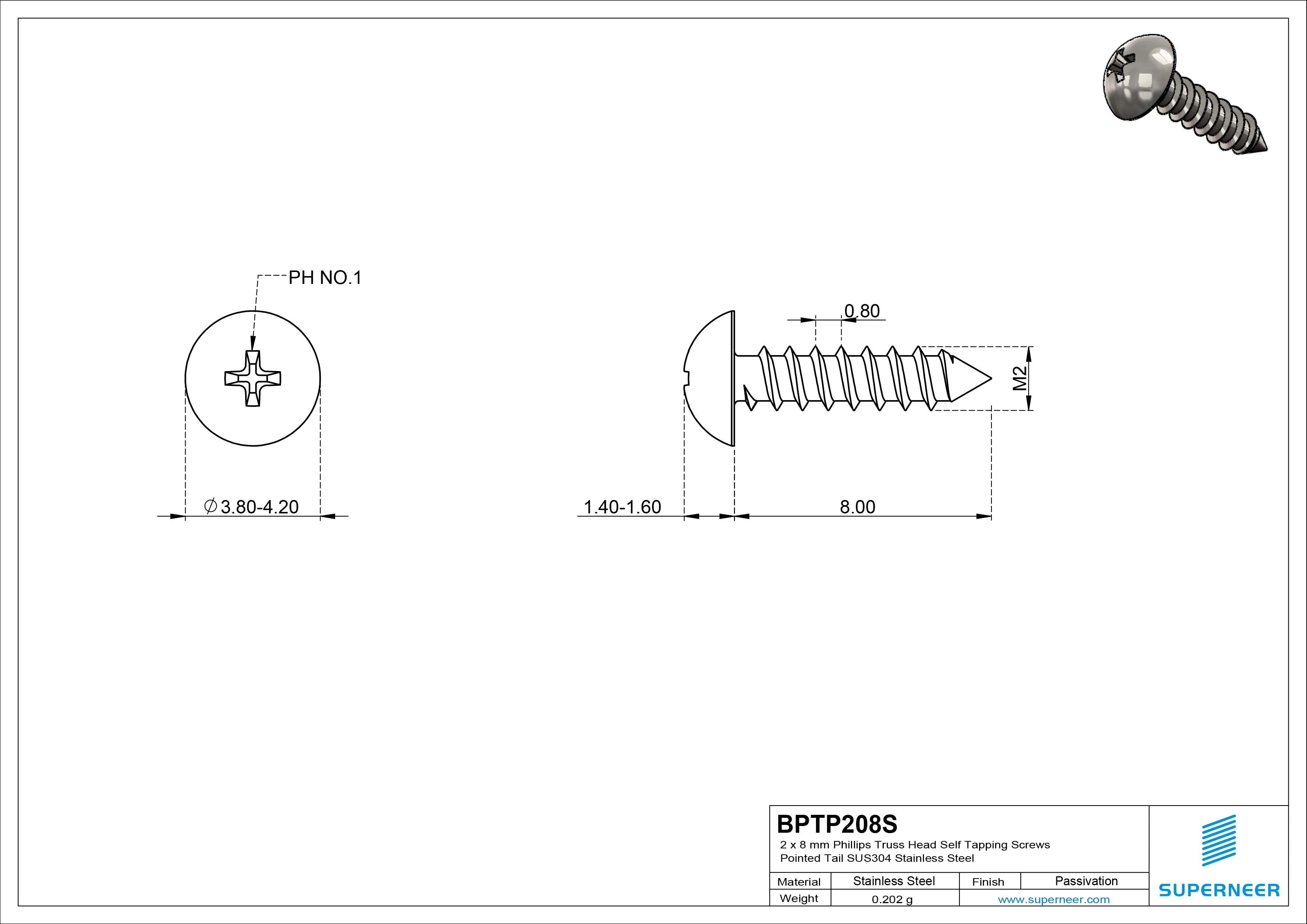 2 x 8mm Phillips Truss Head Self Tapping Screws Pointed Tail SUS304 Stainless Steel