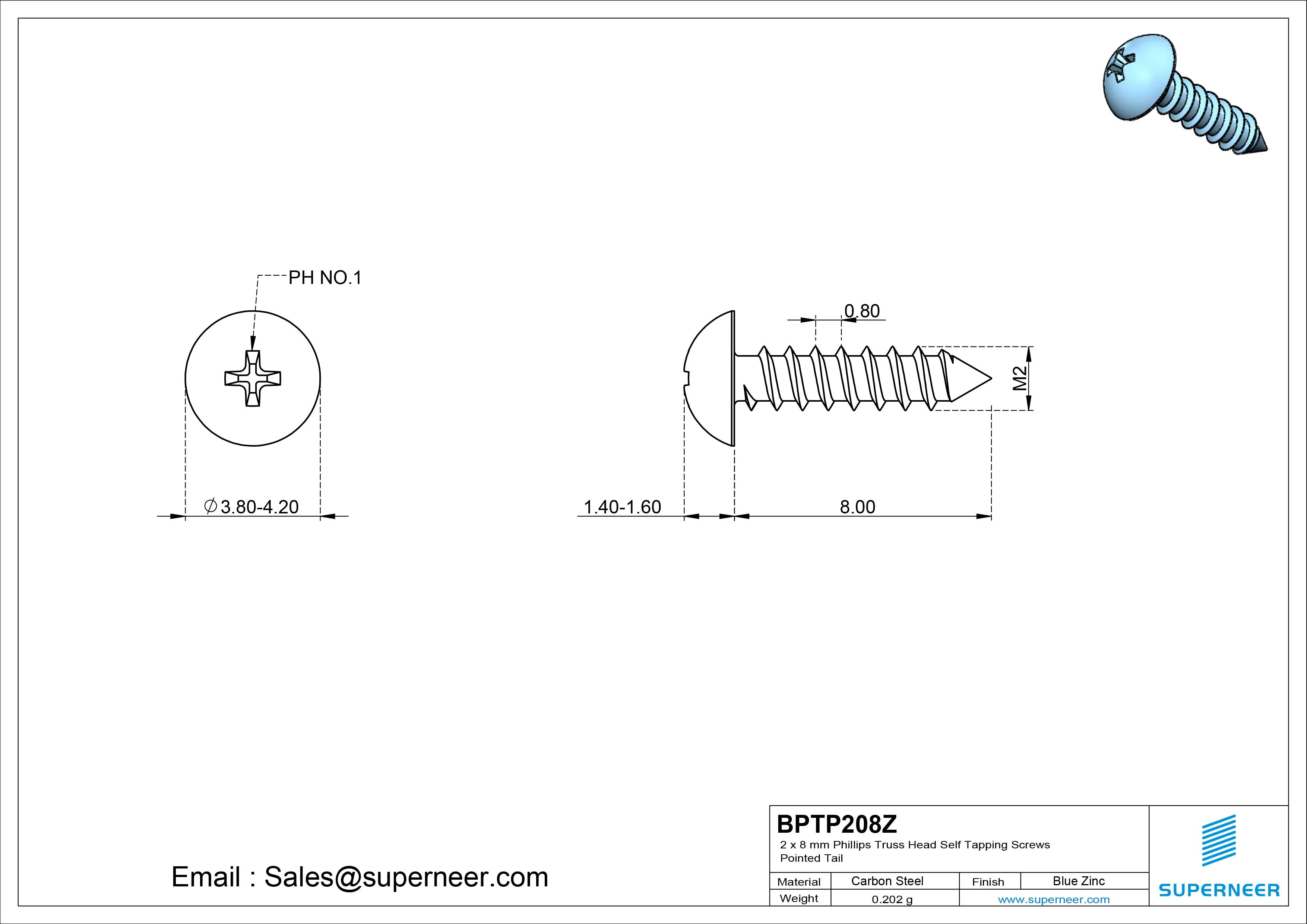 2 x 8mm Phillips Truss Head Self Tapping Screws Pointed Tail Steel Blue Zinc Plated