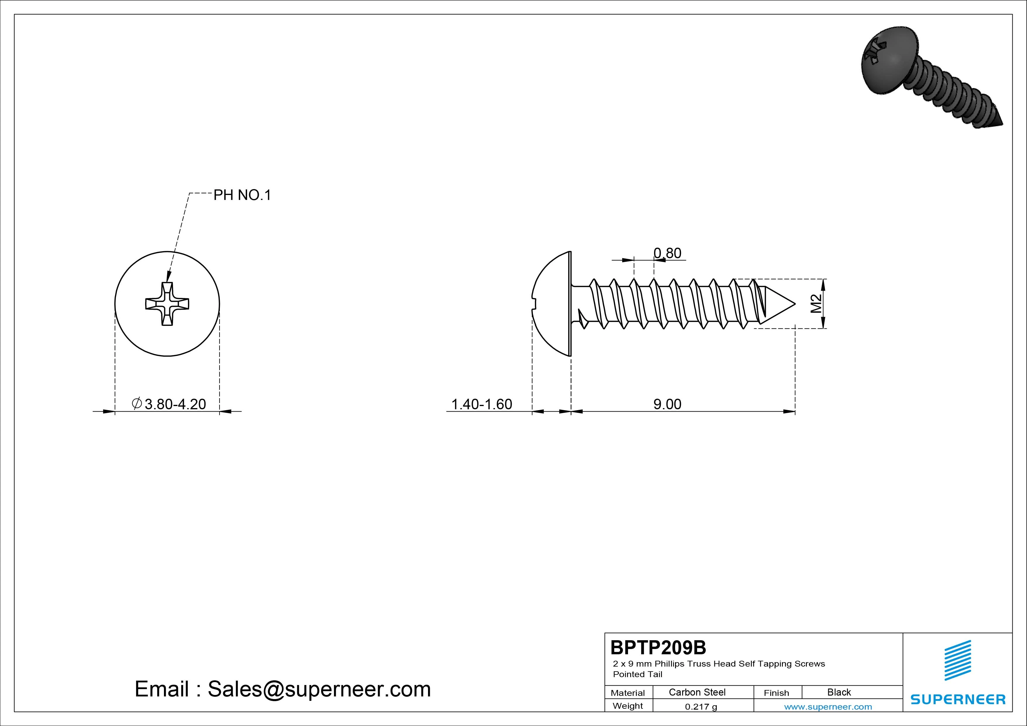 2 x 9mm Phillips Truss Head Self Tapping Screws Pointed Tail Steel Black Zinc Plated