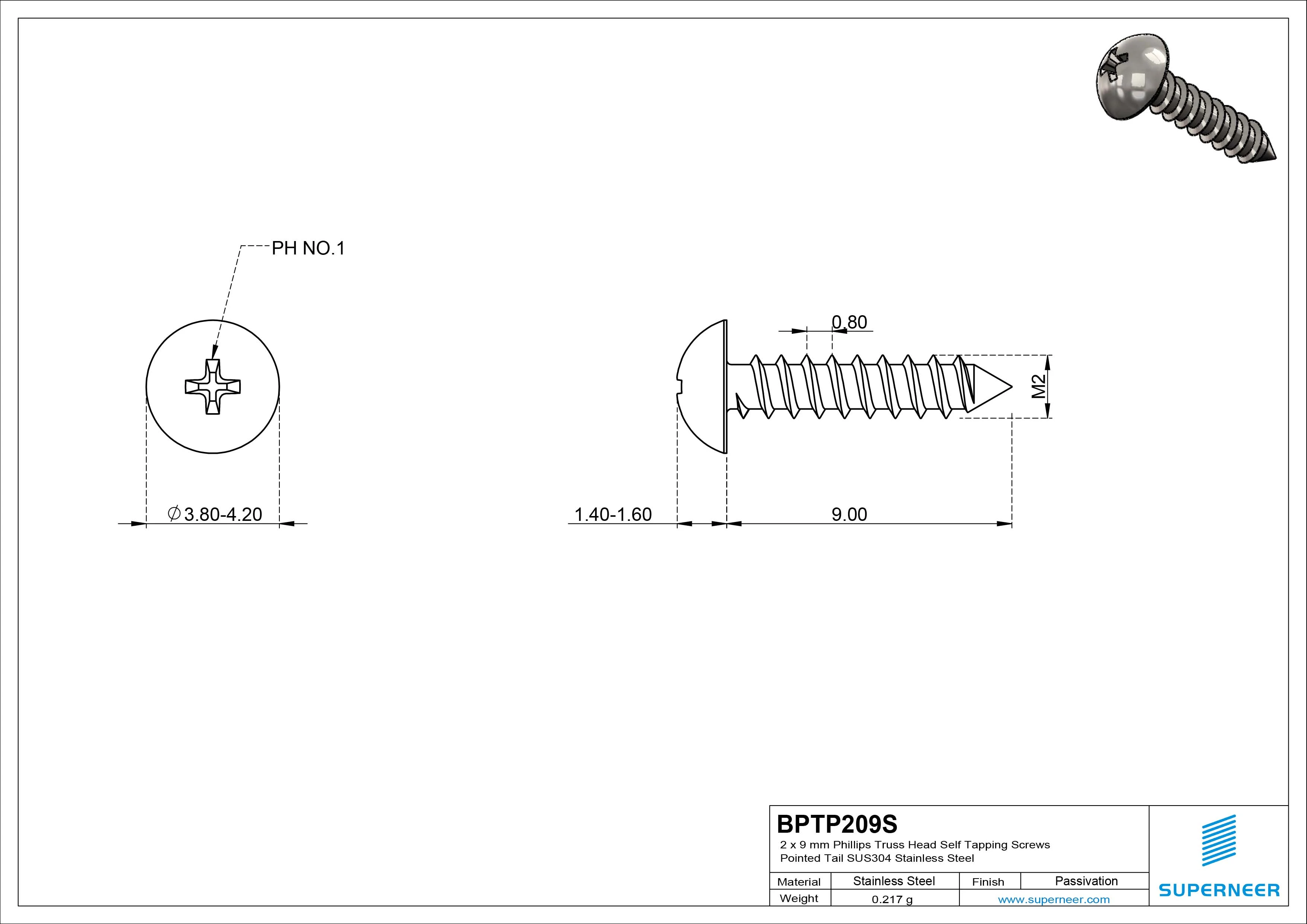 2 x 9mm Phillips Truss Head Self Tapping Screws Pointed Tail SUS304 Stainless Steel