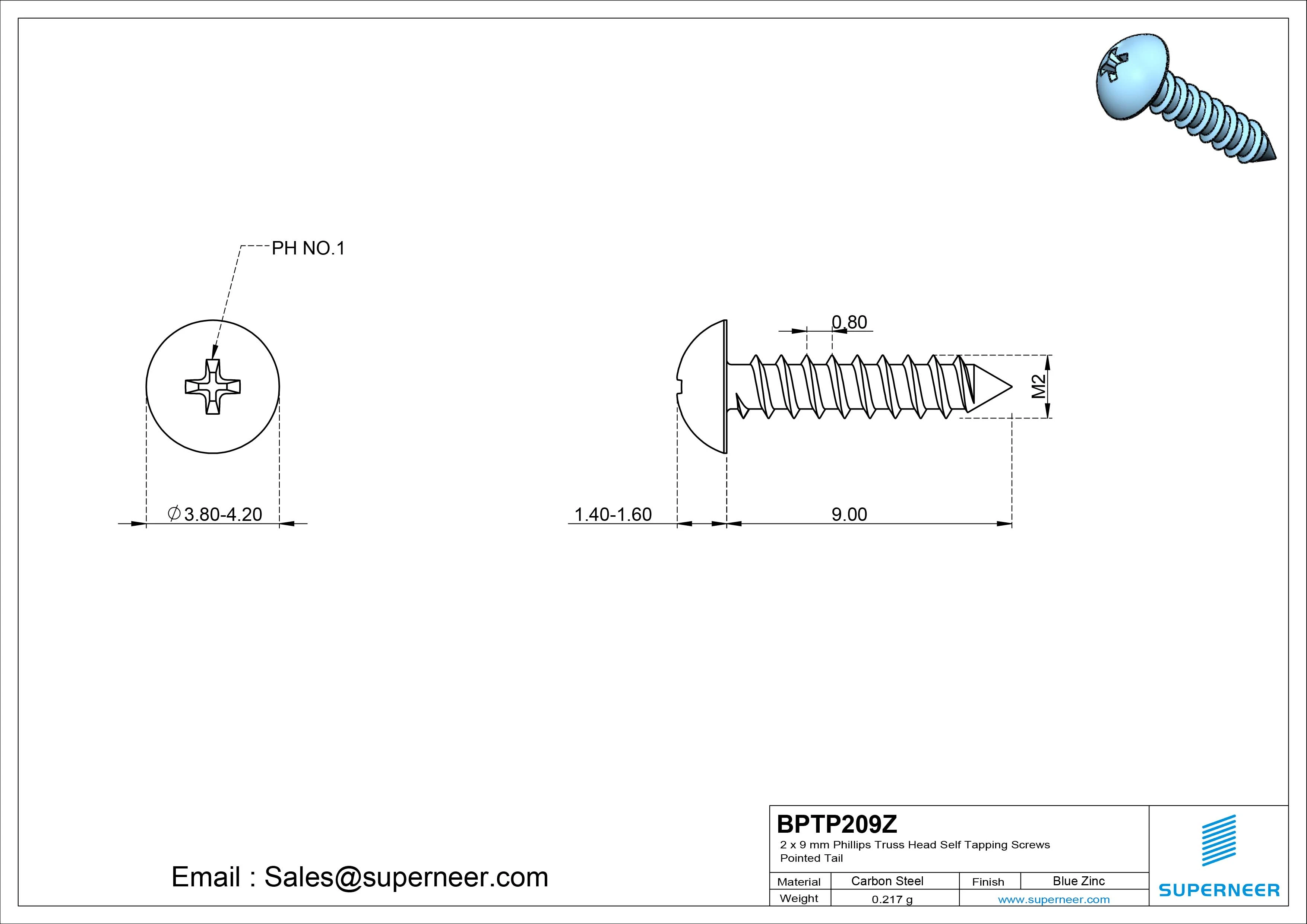 2 x 9mm Phillips Truss Head Self Tapping Screws Pointed Tail Steel Blue Zinc Plated