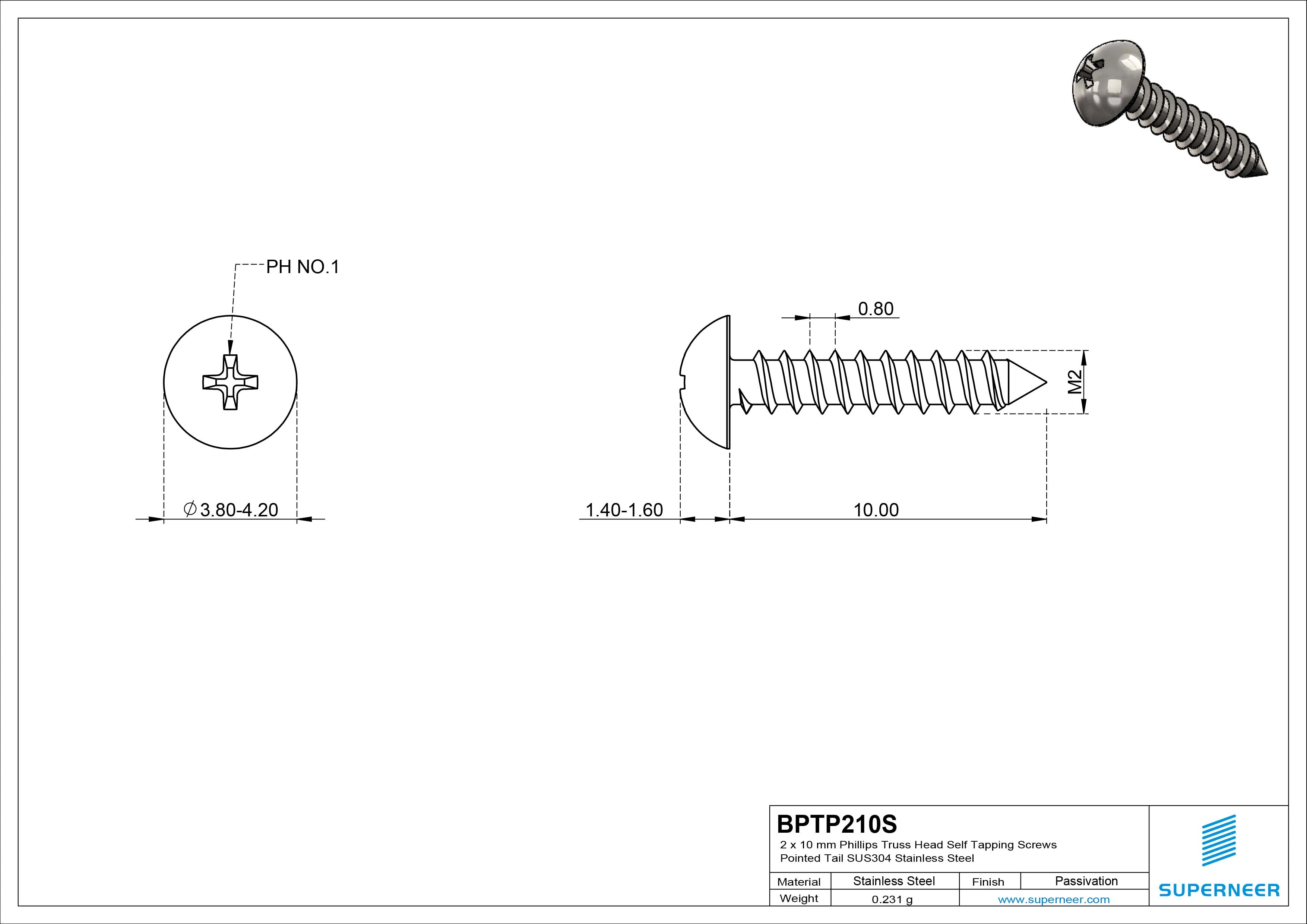 2 x 10mm Phillips Truss Head Self Tapping Screws Pointed Tail SUS304 Stainless Steel