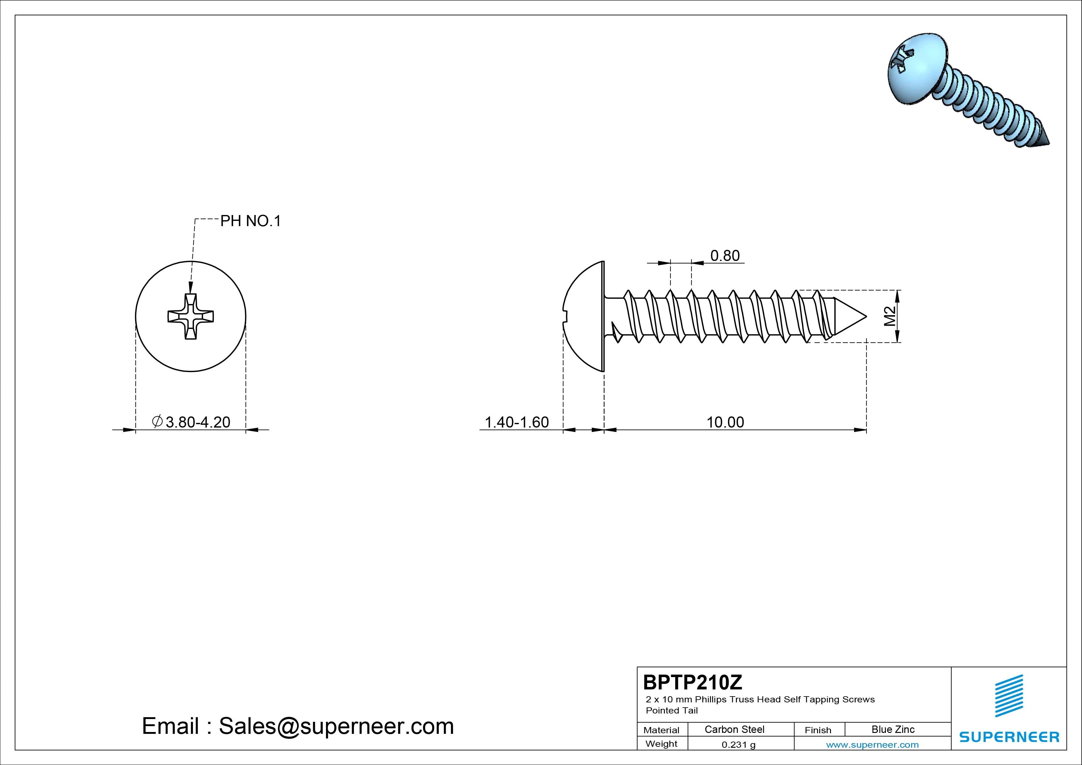2 x 10mm Phillips Truss Head Self Tapping Screws Pointed Tail Steel Blue Zinc Plated