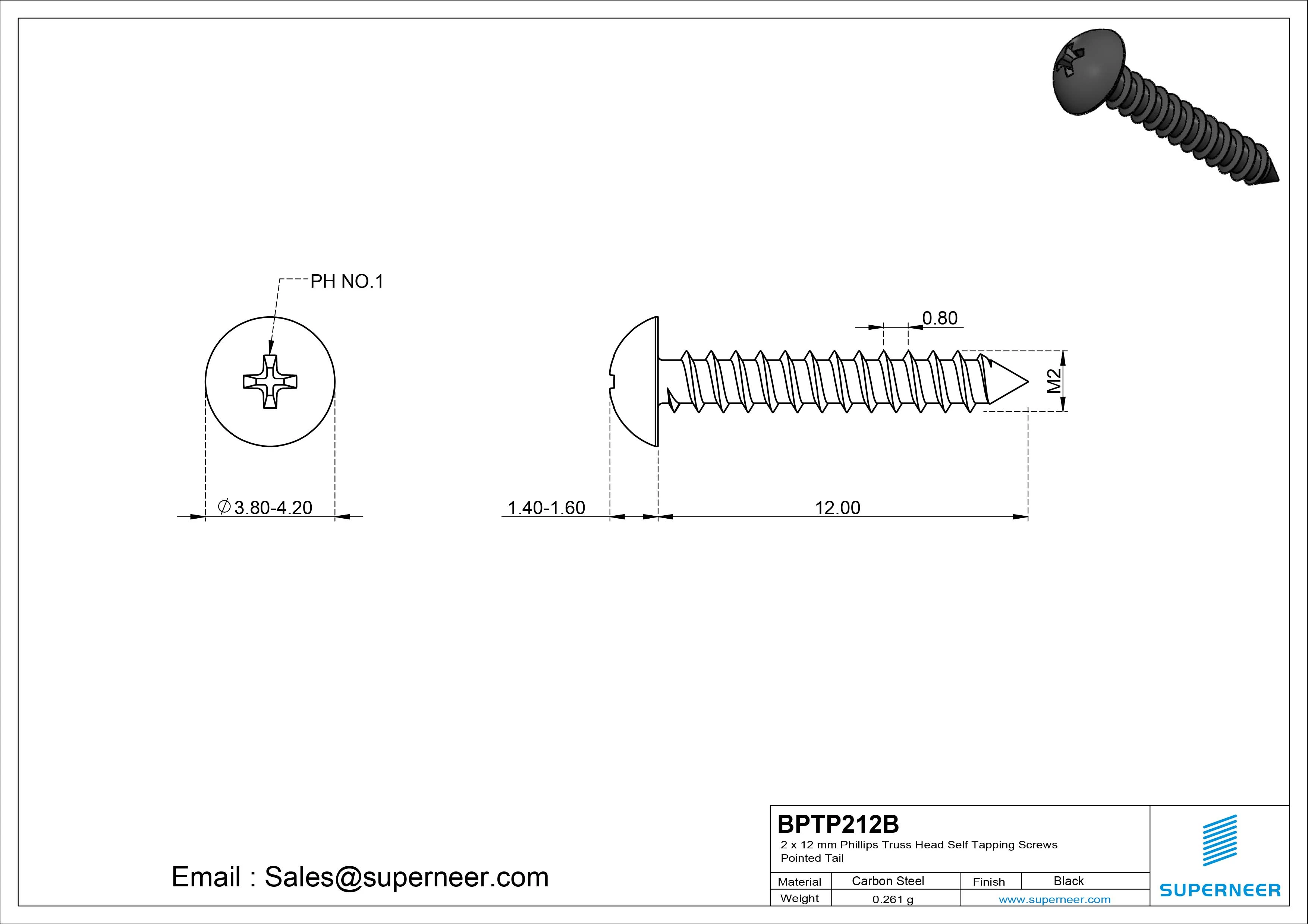 2 x 12mm Phillips Truss Head Self Tapping Screws Pointed Tail Steel Black Zinc Plated