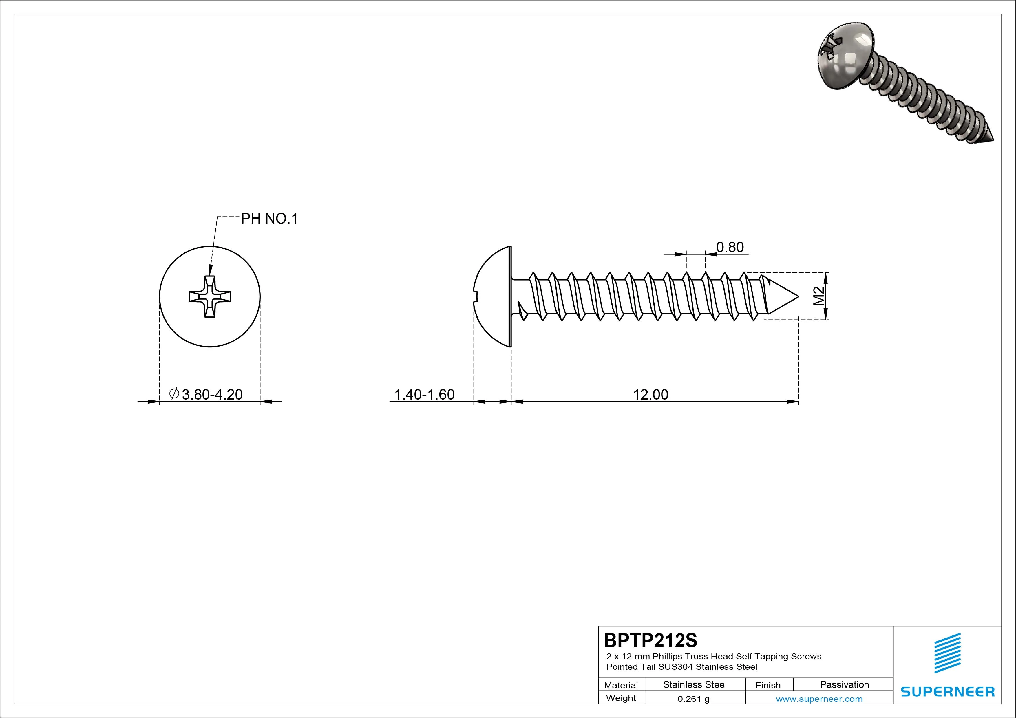 2 x 12mm Phillips Truss Head Self Tapping Screws Pointed Tail SUS304 Stainless Steel