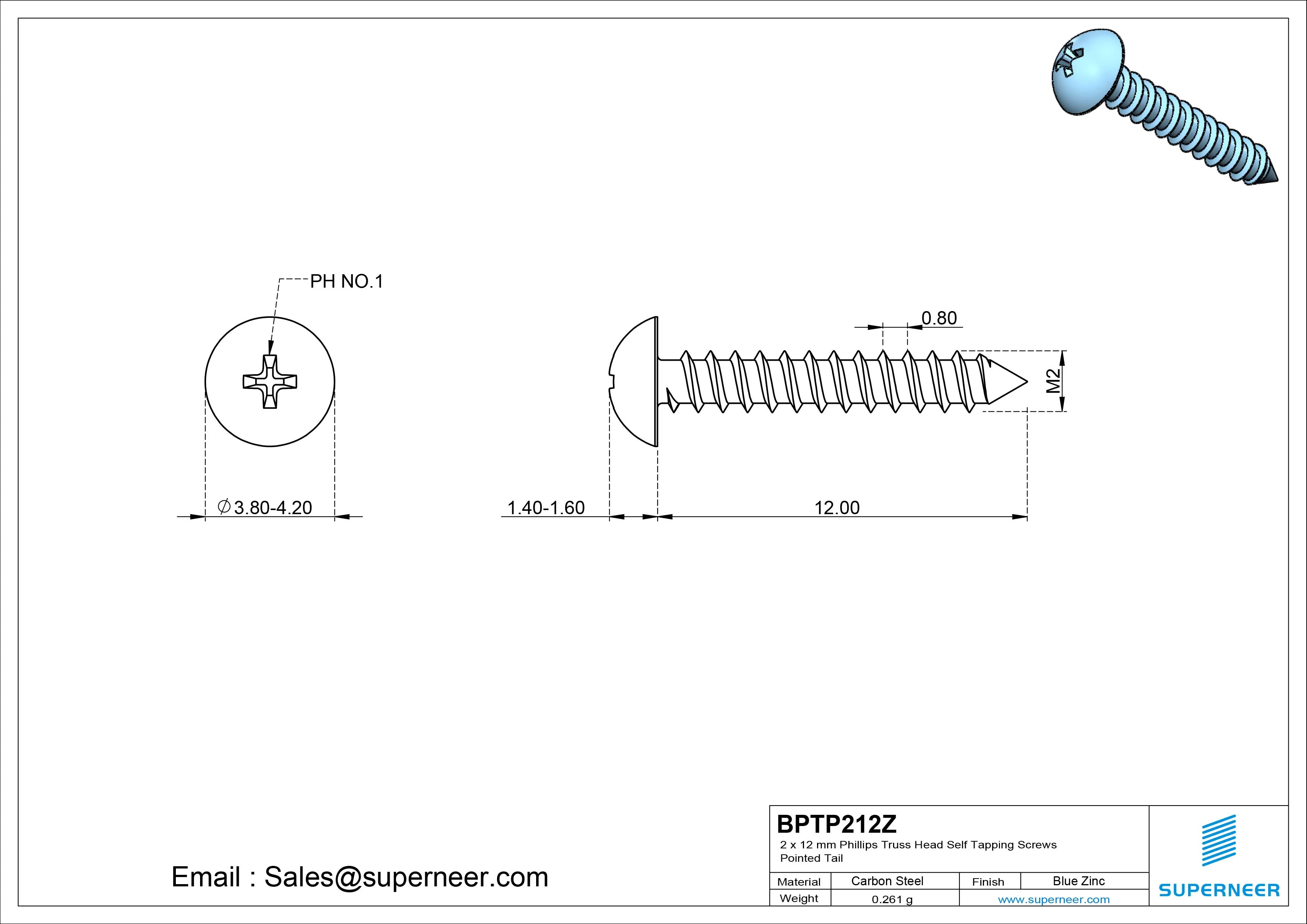 2 x 12mm Phillips Truss Head Self Tapping Screws Pointed Tail Steel Blue Zinc Plated