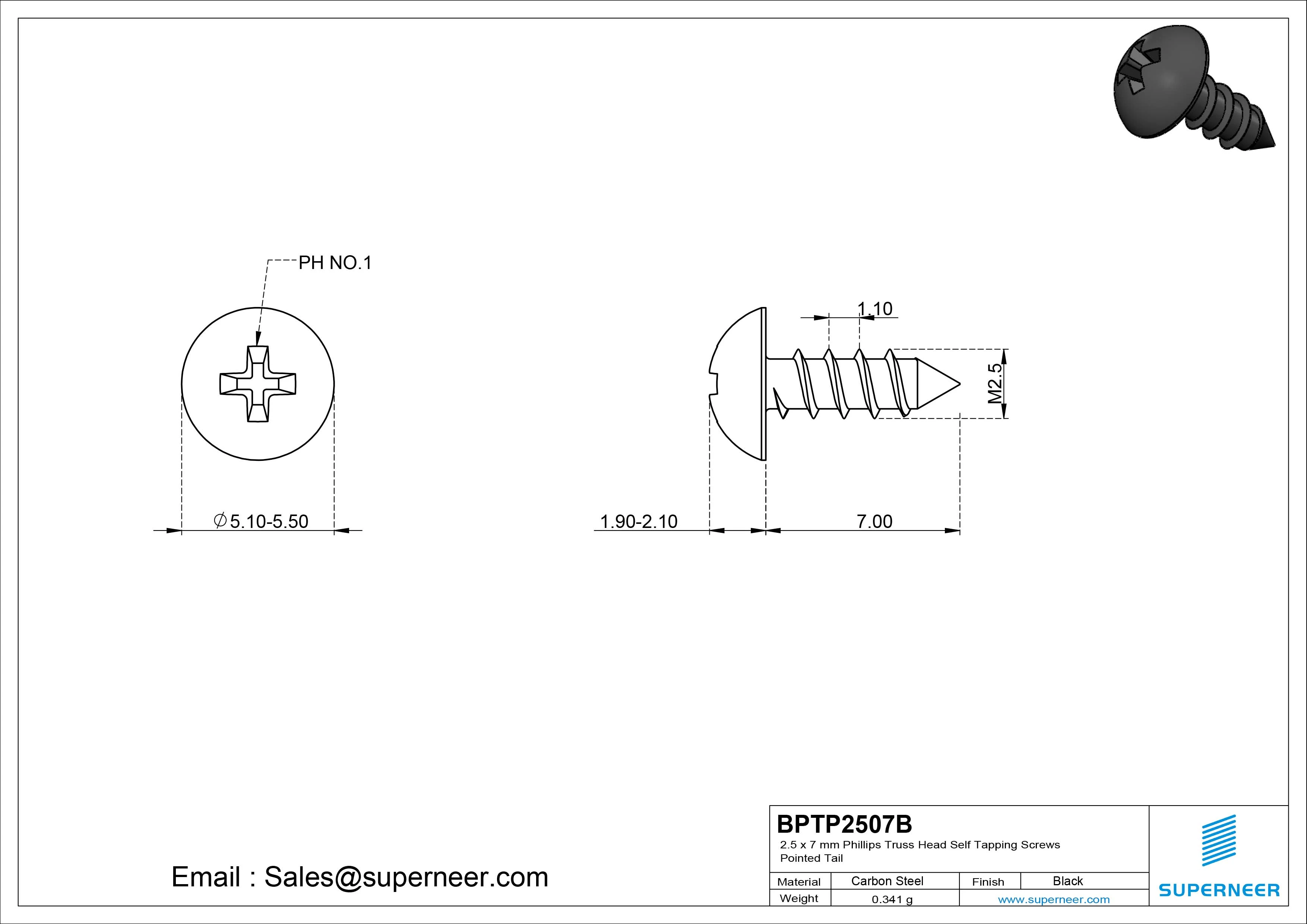 2.5 x 7mm Phillips Truss Head Self Tapping Screws Pointed Tail Steel Black Zinc Plated