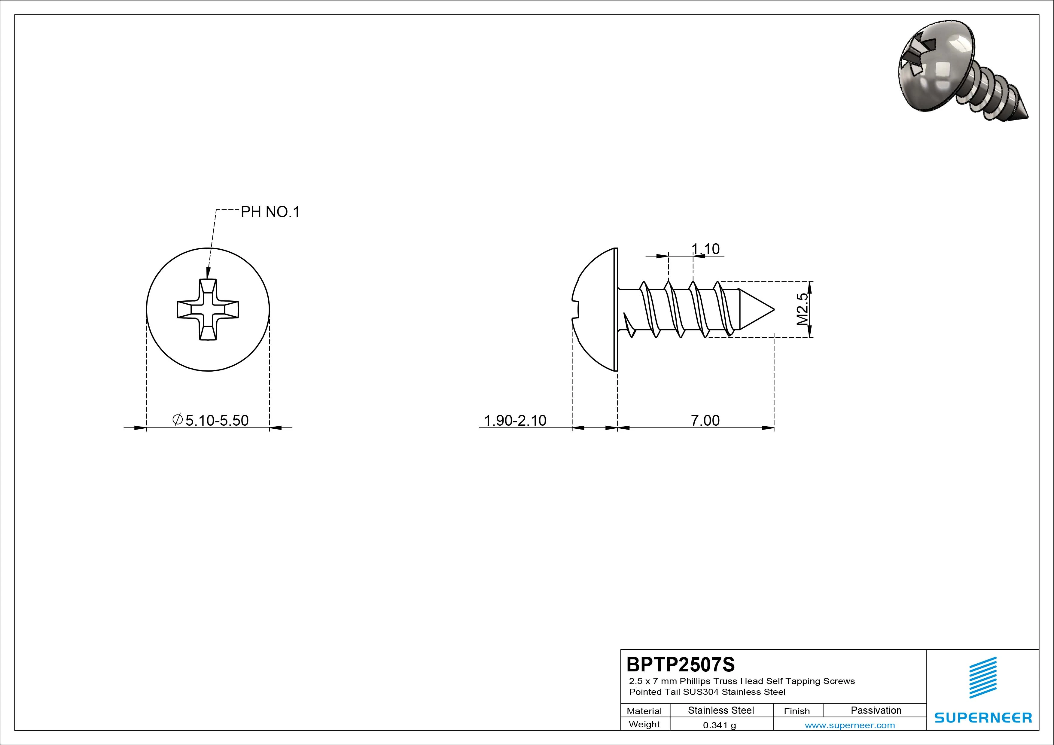 2.5 x 7mm Phillips Truss Head Self Tapping Screws Pointed Tail SUS304 Stainless Steel
