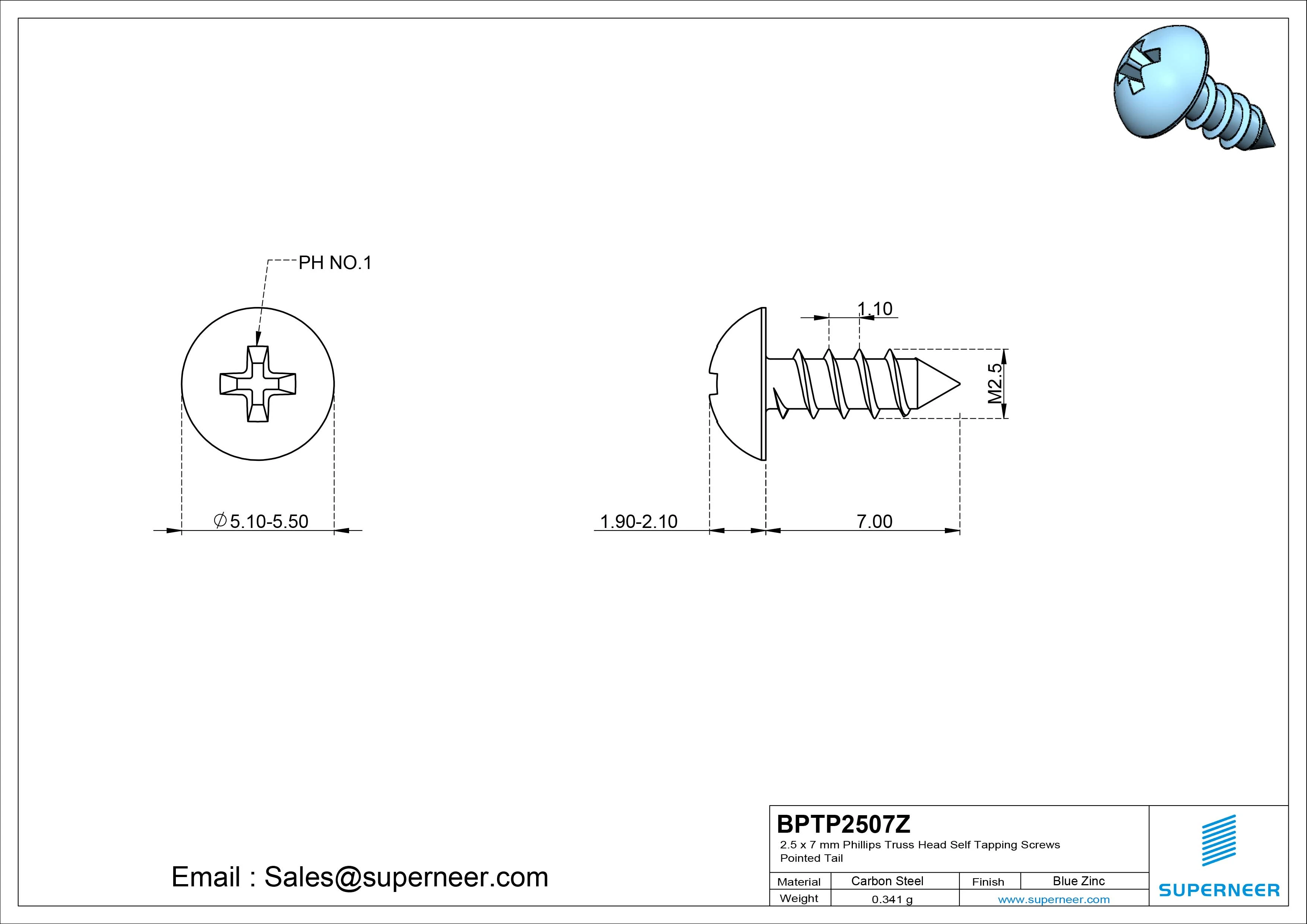 2.5 x 7mm Phillips Truss Head Self Tapping Screws Pointed Tail Steel Blue Zinc Plated