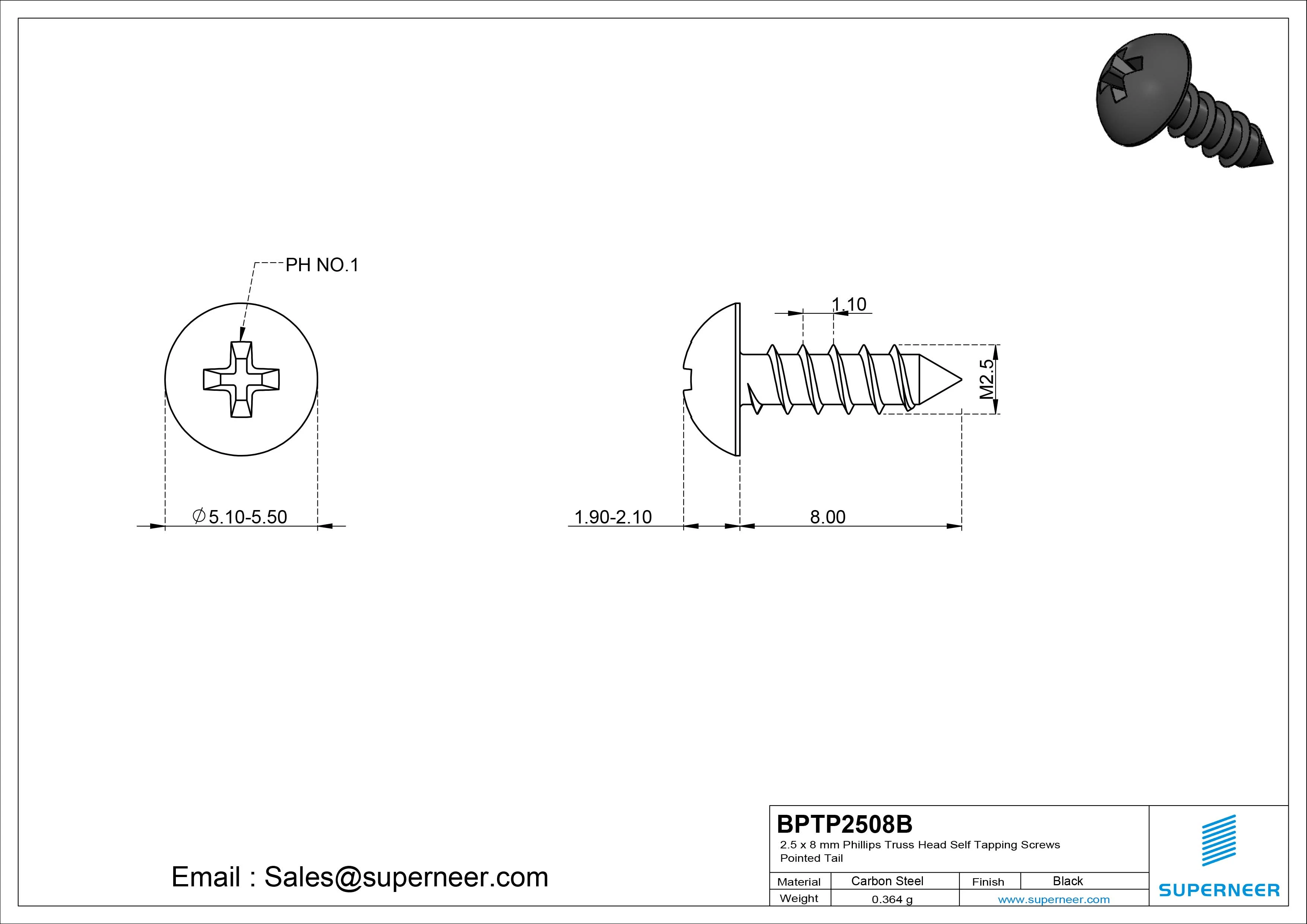 2.5 x 8mm Phillips Truss Head Self Tapping Screws Pointed Tail Steel Black Zinc Plated