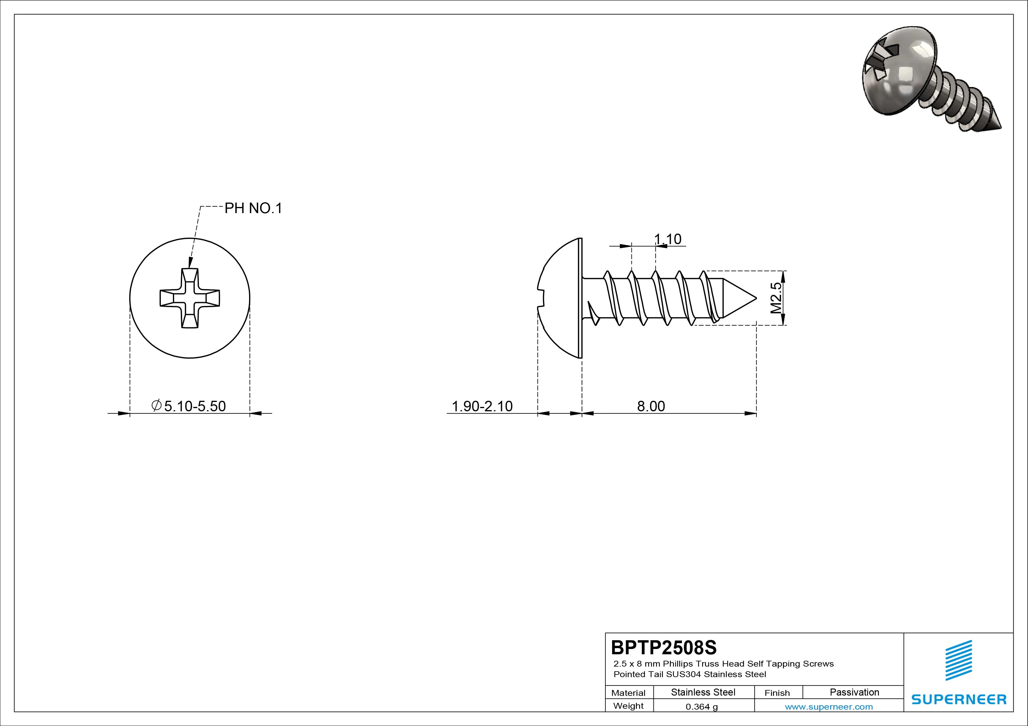 2.5 x 8mm Phillips Truss Head Self Tapping Screws Pointed Tail SUS304 Stainless Steel