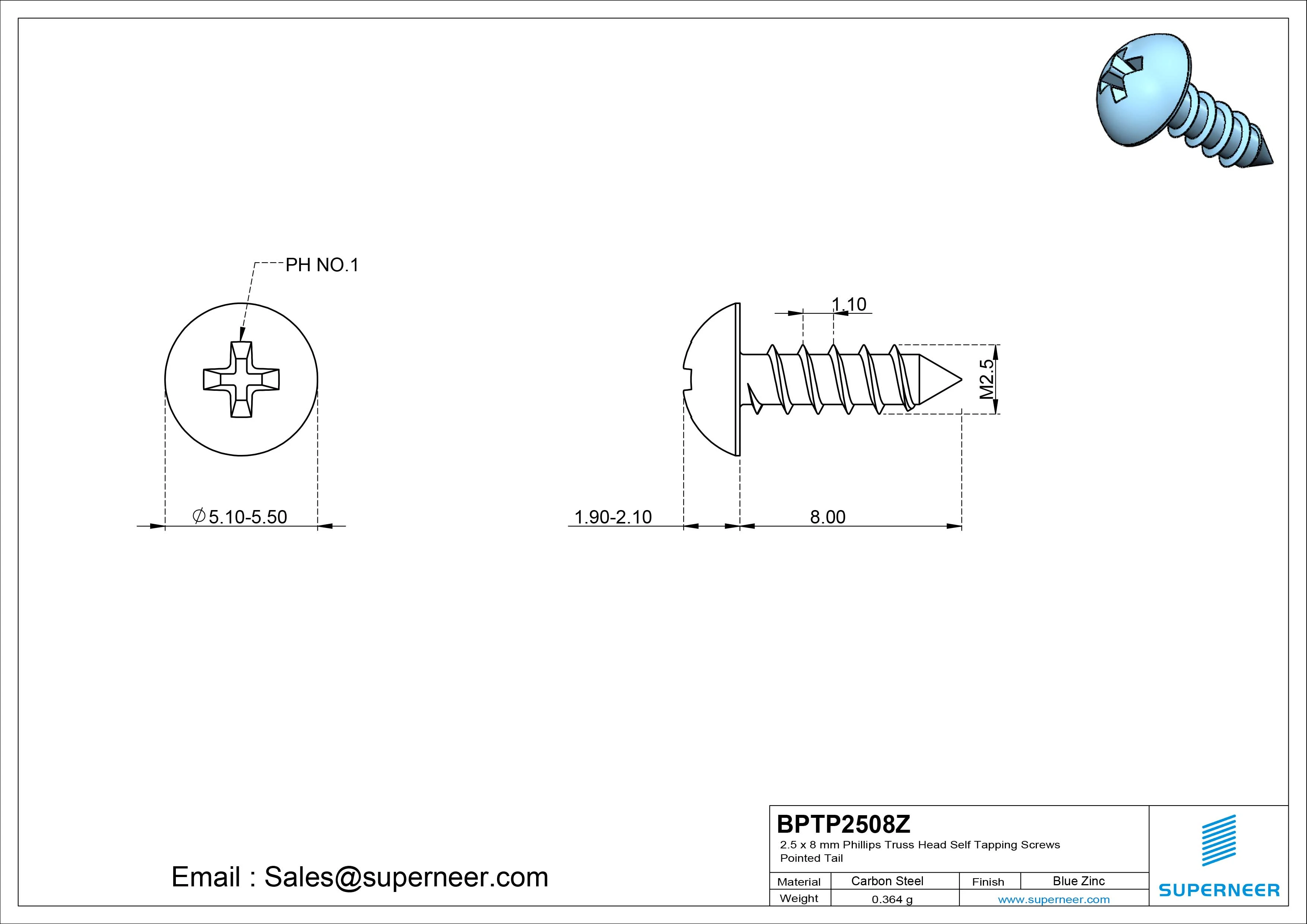 2.5 x 8mm Phillips Truss Head Self Tapping Screws Pointed Tail Steel Blue Zinc Plated