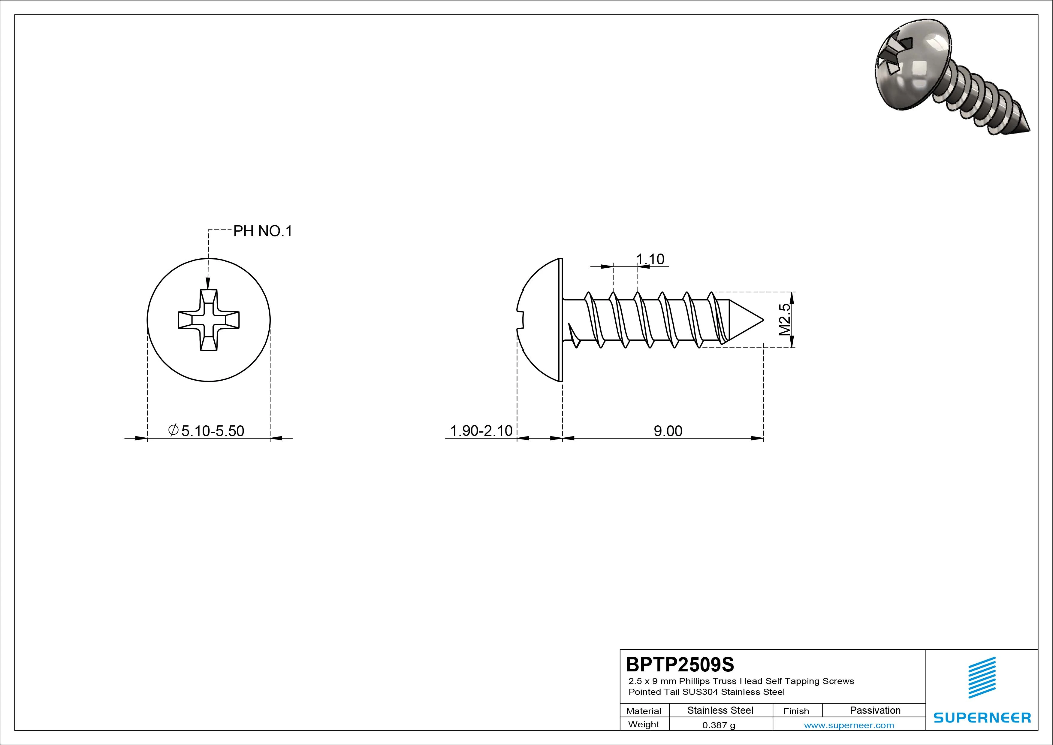 2.5 x 9mm Phillips Truss Head Self Tapping Screws Pointed Tail SUS304 Stainless Steel