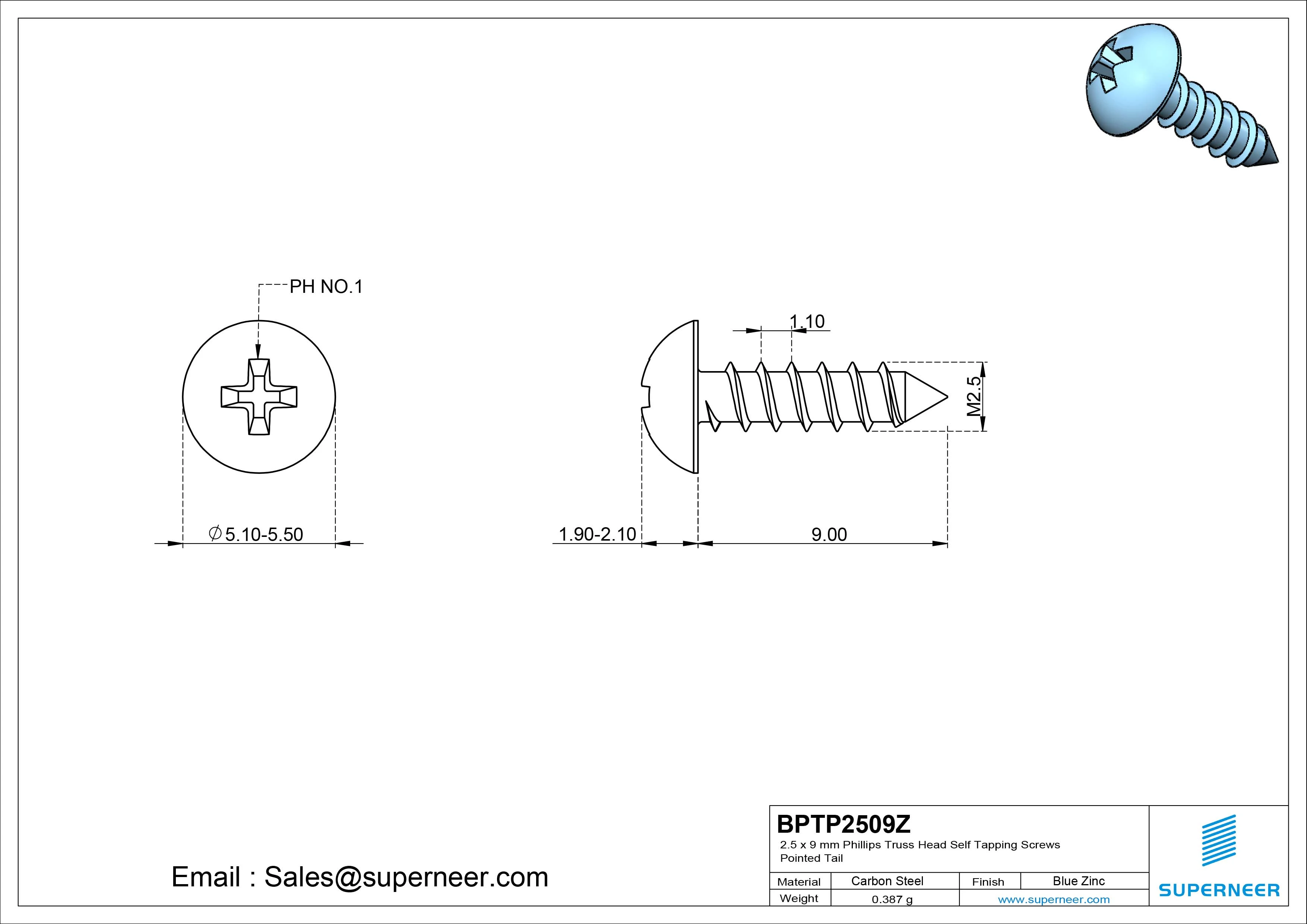2.5 x 9mm Phillips Truss Head Self Tapping Screws Pointed Tail Steel Blue Zinc Plated