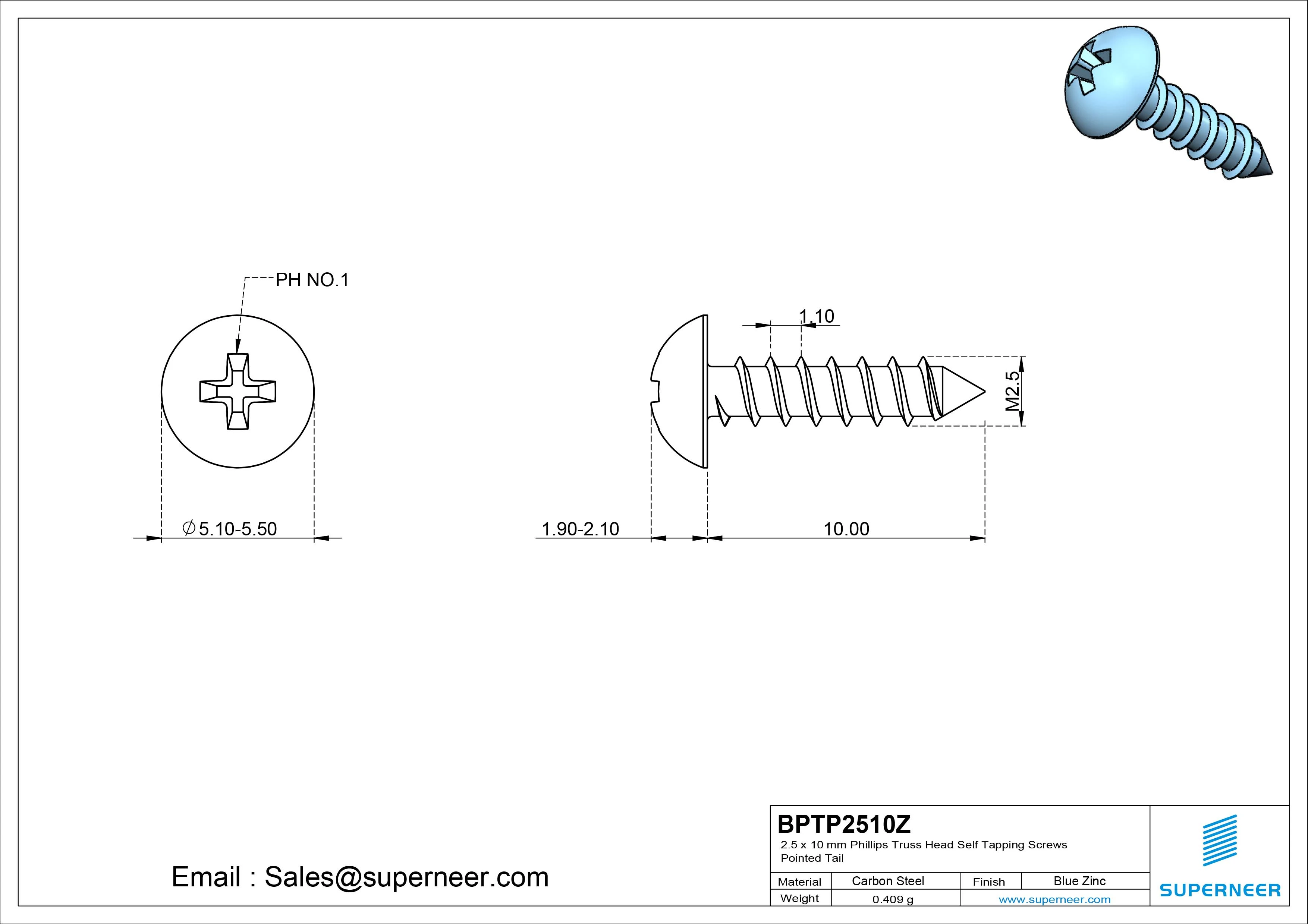 2.5 x 10mm Phillips Truss Head Self Tapping Screws Pointed Tail Steel Blue Zinc Plated