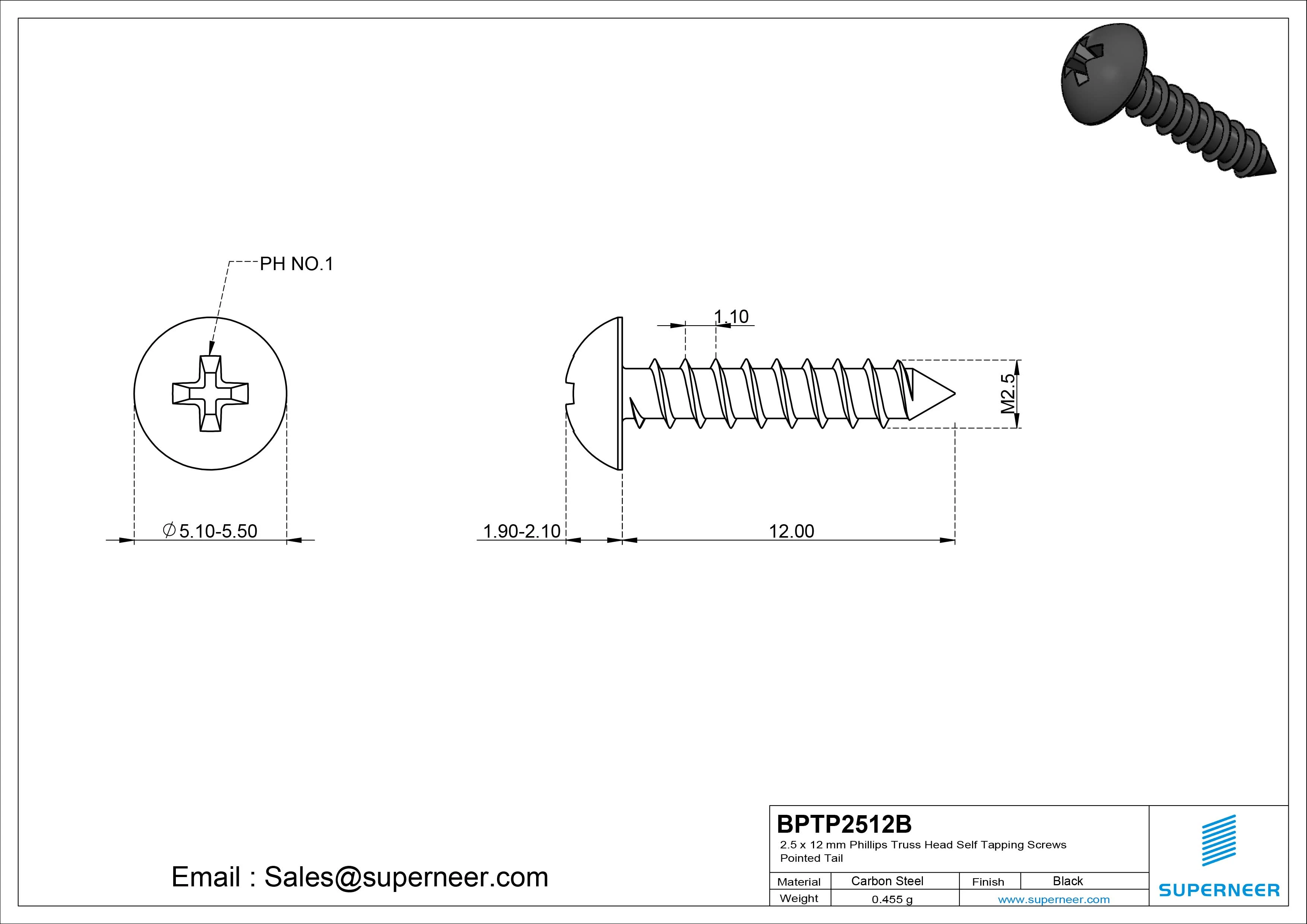 2.5 x 12mm Phillips Truss Head Self Tapping Screws Pointed Tail Steel Black Zinc Plated