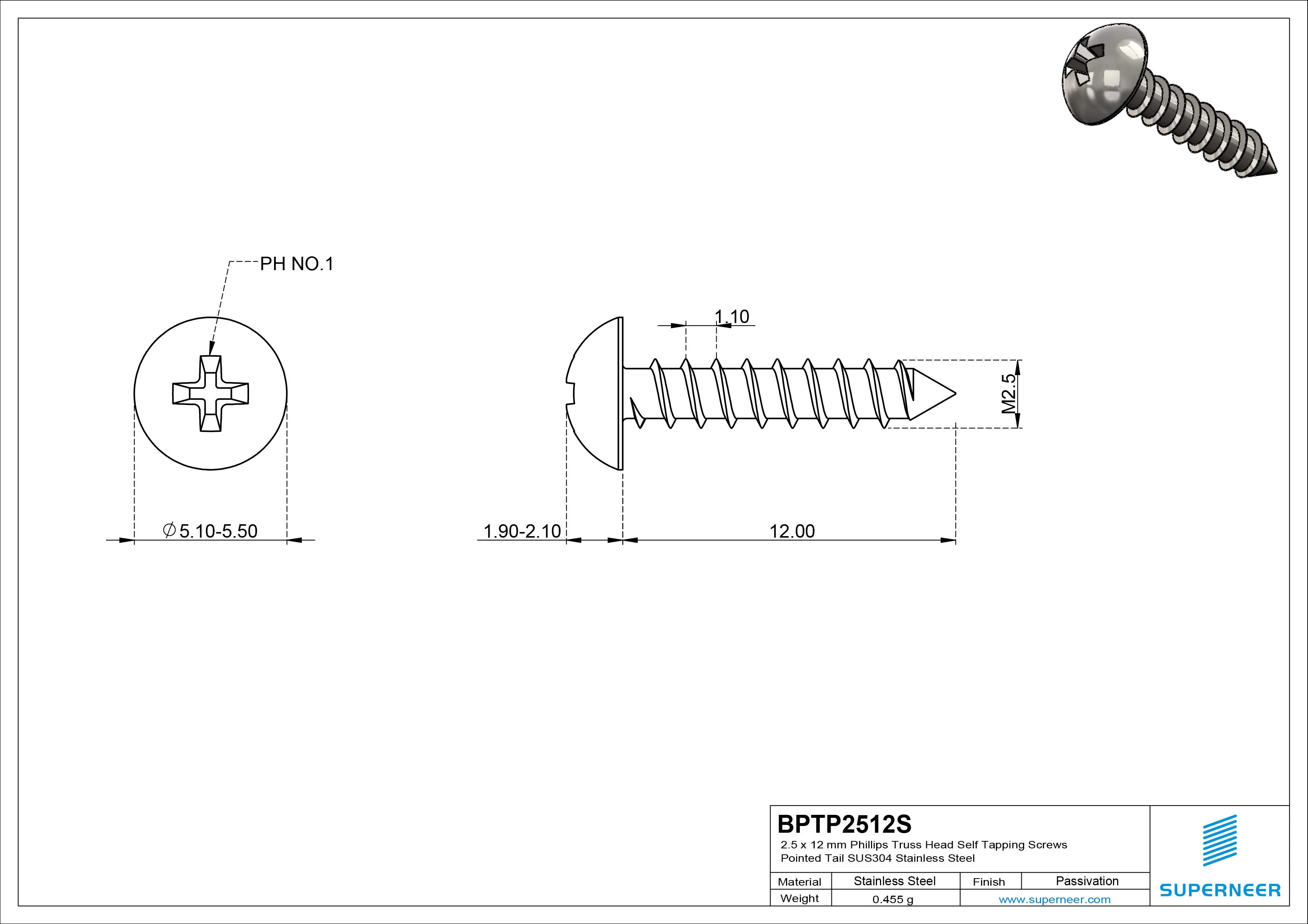 2.5 x 12mm Phillips Truss Head Self Tapping Screws Pointed Tail SUS304 Stainless Steel