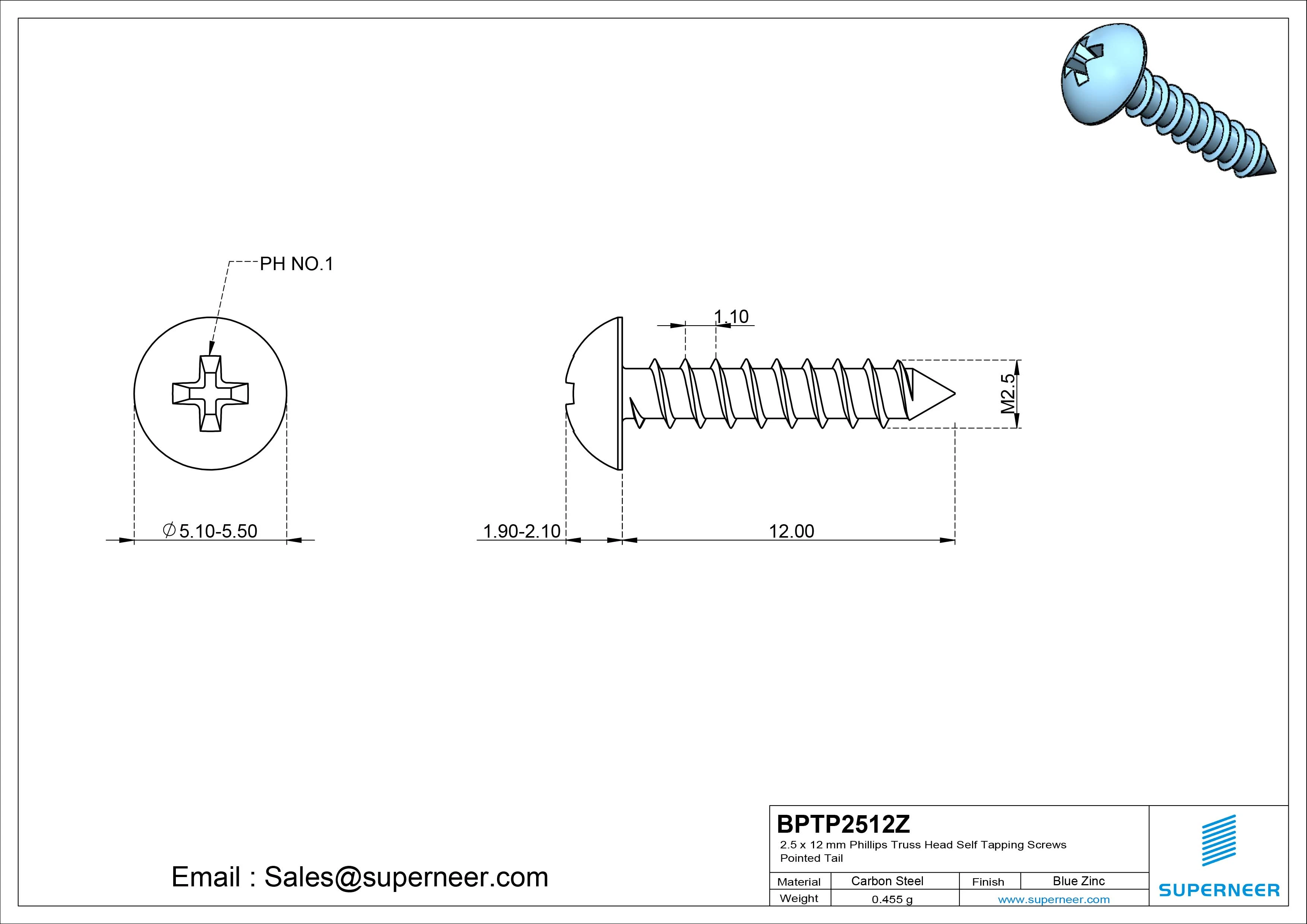 2.5 x 12mm Phillips Truss Head Self Tapping Screws Pointed Tail Steel Blue Zinc Plated