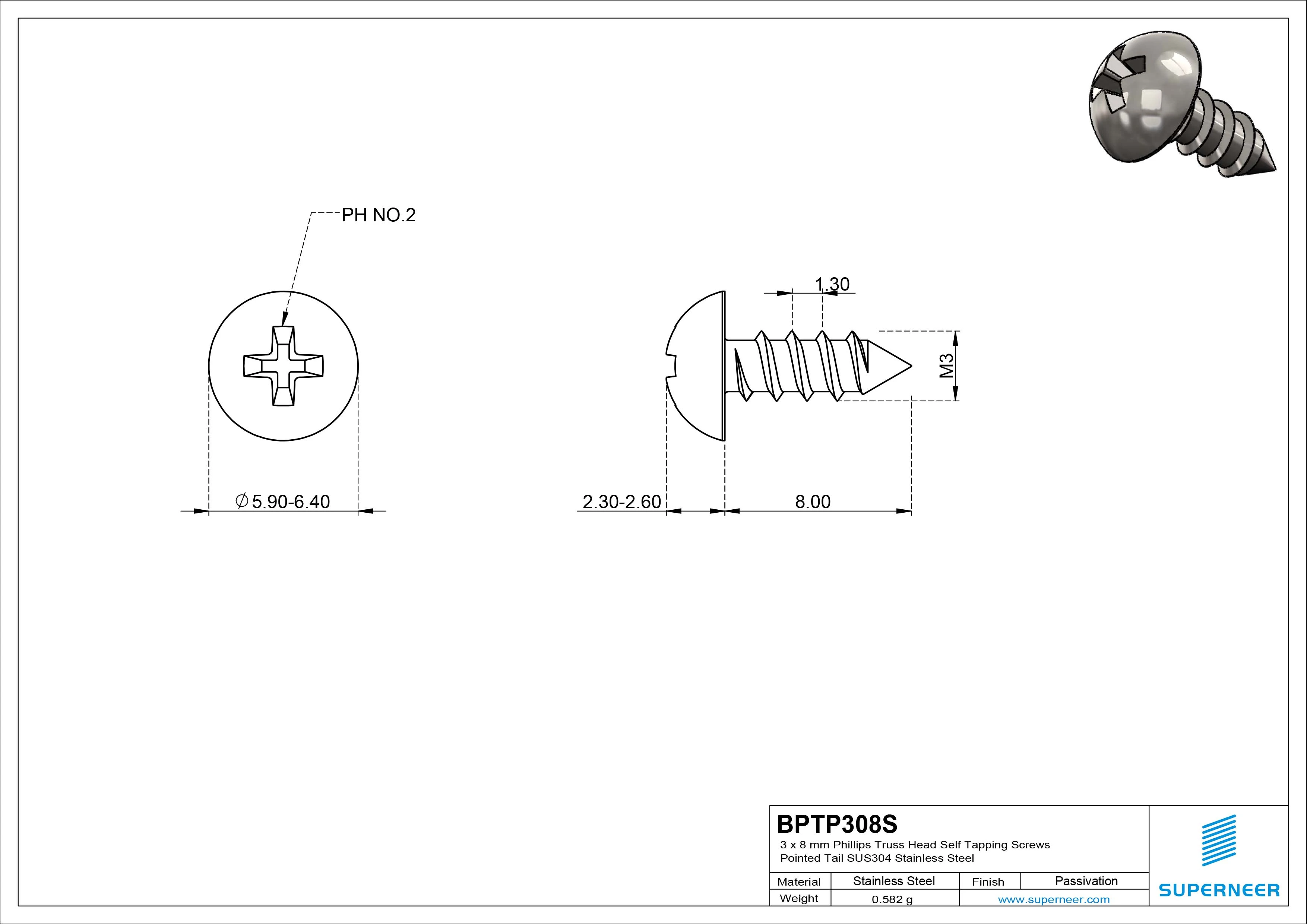 3 x 8mm Phillips Truss Head Self Tapping Screws Pointed Tail SUS304 Stainless Steel