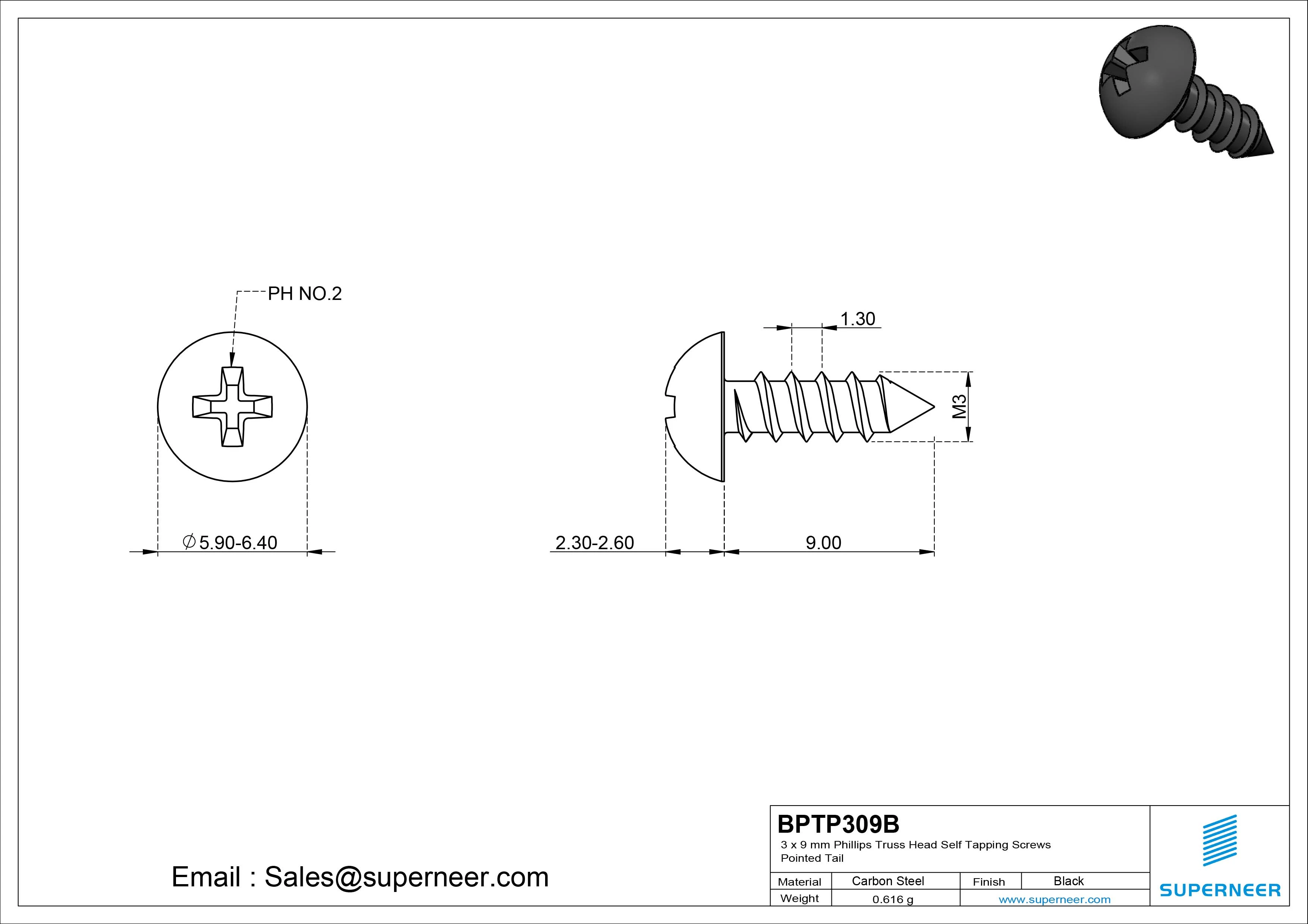 3 x 9mm Phillips Truss Head Self Tapping Screws Pointed Tail Steel Black Zinc Plated