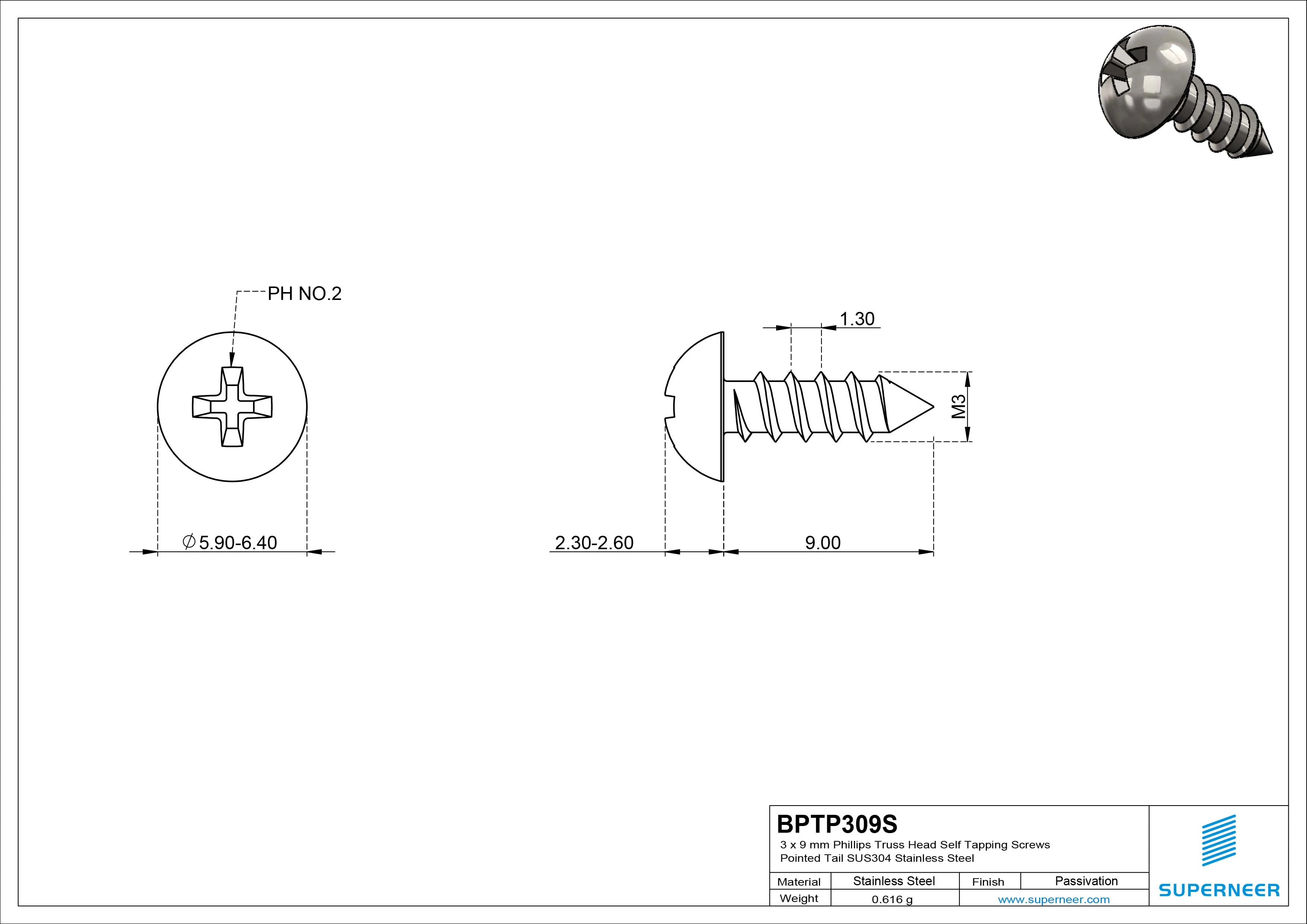 3 x 9mm Phillips Truss Head Self Tapping Screws Pointed Tail SUS304 Stainless Steel