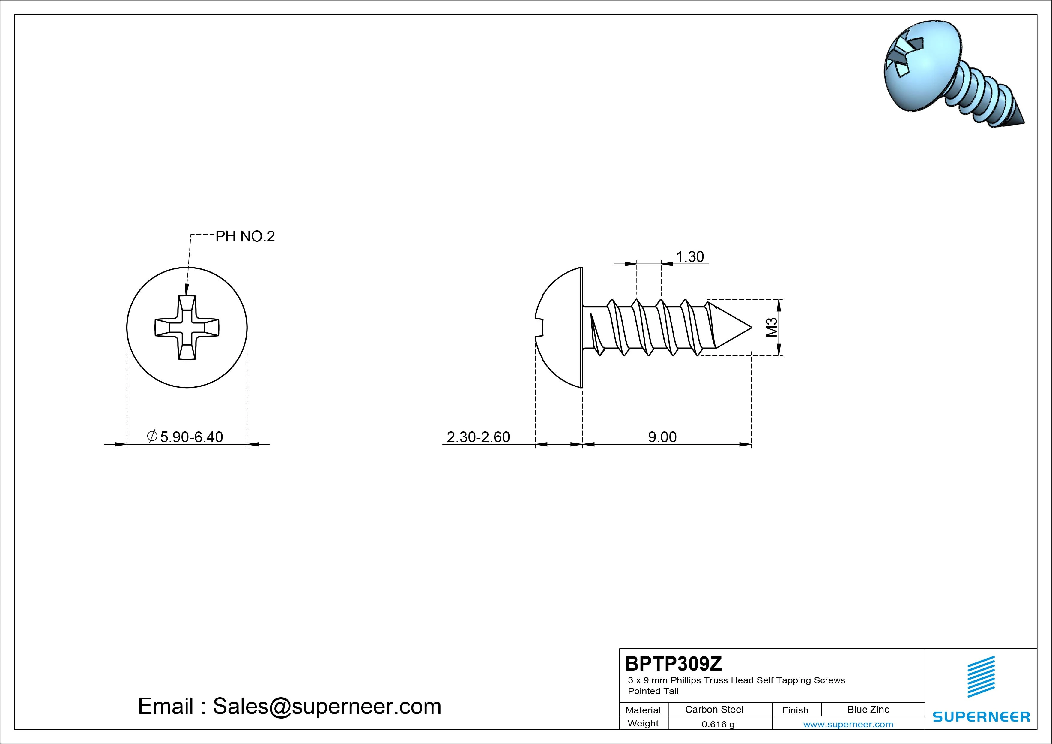 3 x 9mm Phillips Truss Head Self Tapping Screws Pointed Tail Steel Blue Zinc Plated