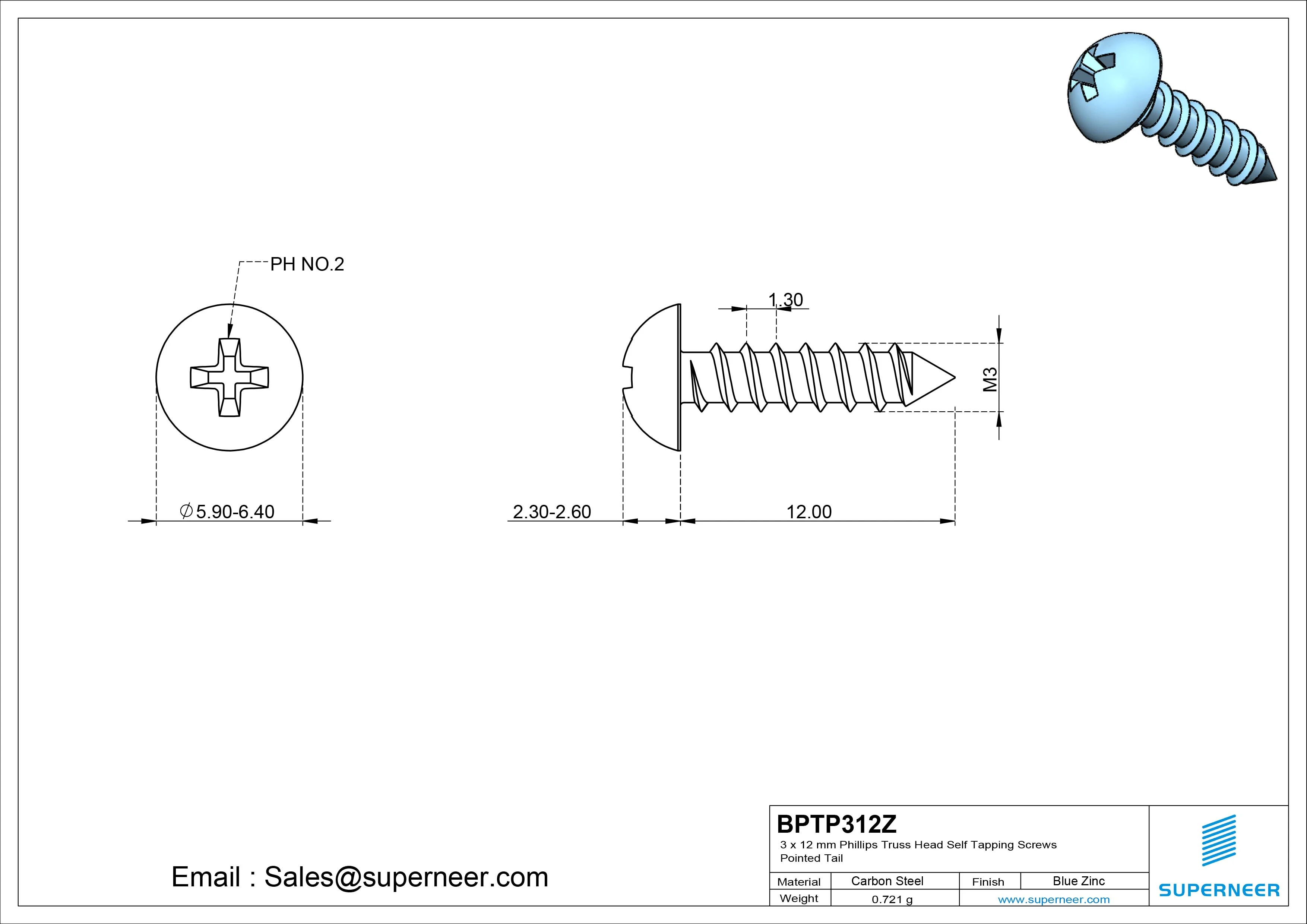 3 x 12mm Phillips Truss Head Self Tapping Screws Pointed Tail Steel Blue Zinc Plated