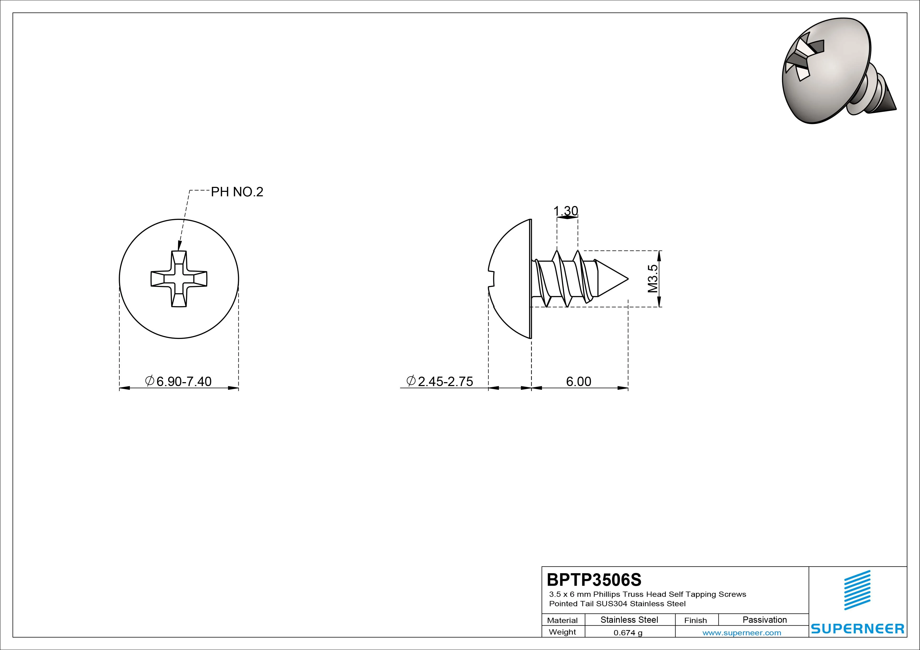 3.5 x 6mm Phillips Truss Head Self Tapping Screws Pointed Tail SUS304 Stainless Steel