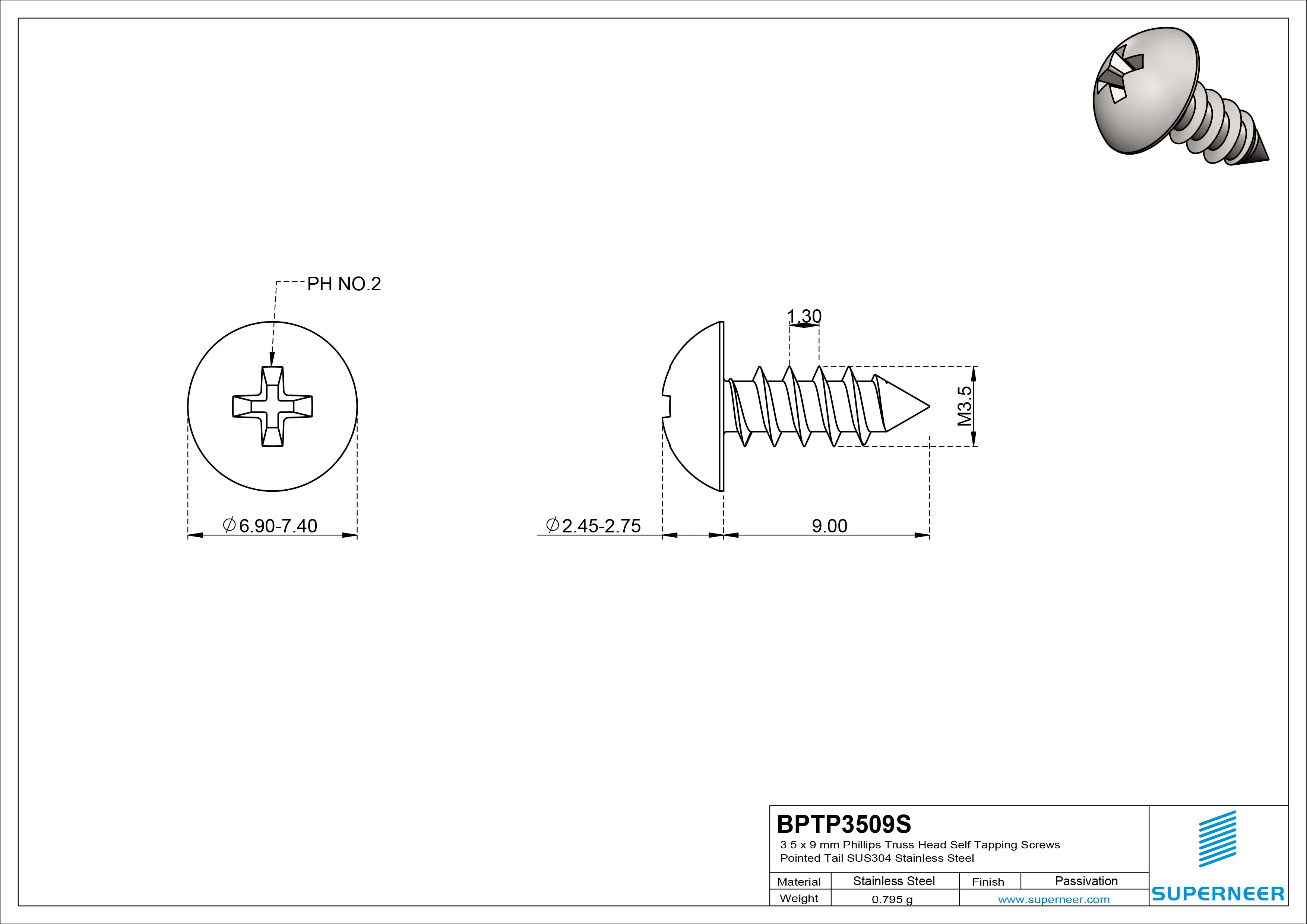 3.5 x 9mm Phillips Truss Head Self Tapping Screws Pointed Tail SUS304 Stainless Steel