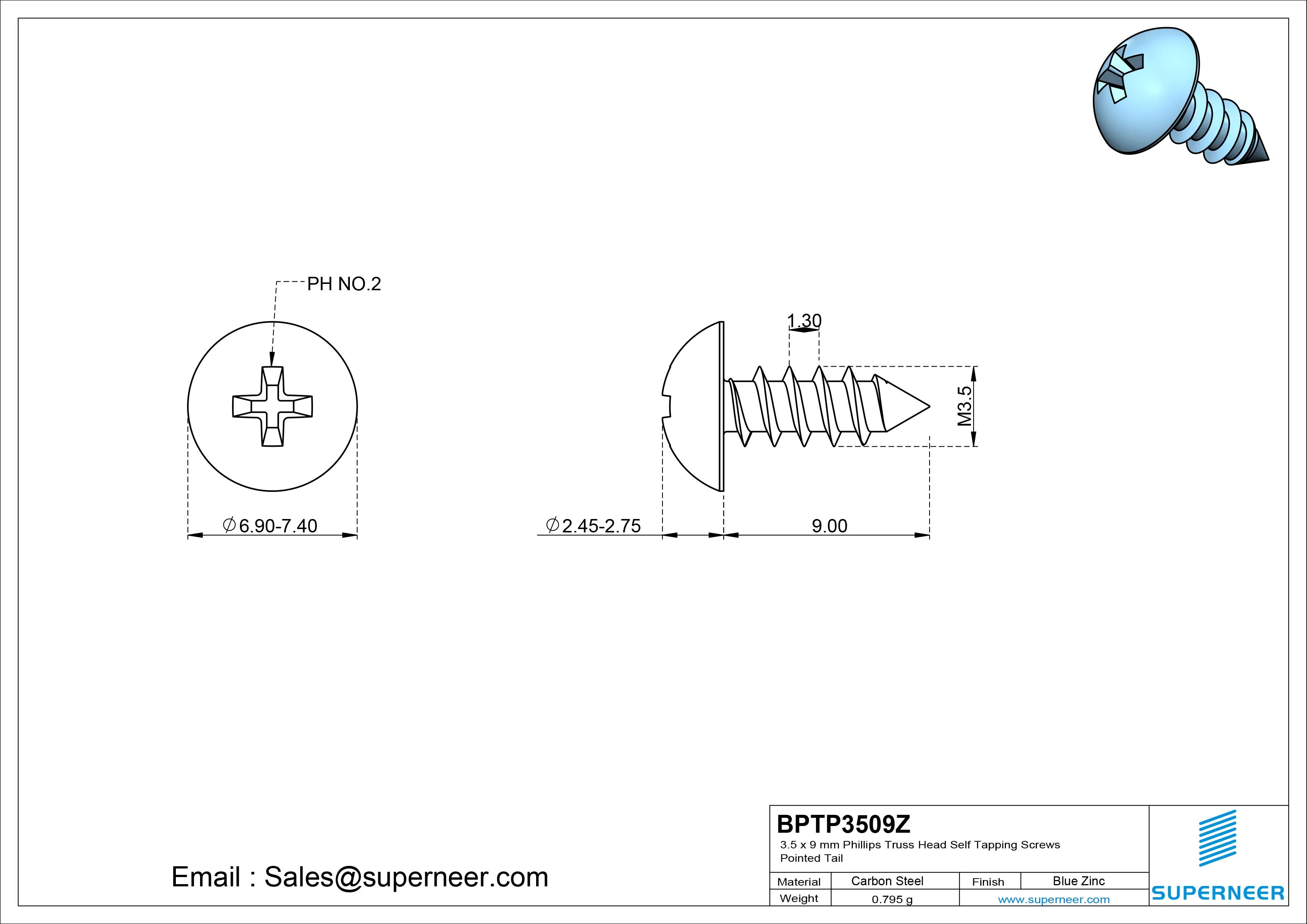 3.5 x 9mm Phillips Truss Head Self Tapping Screws Pointed Tail Steel Blue Zinc Plated
