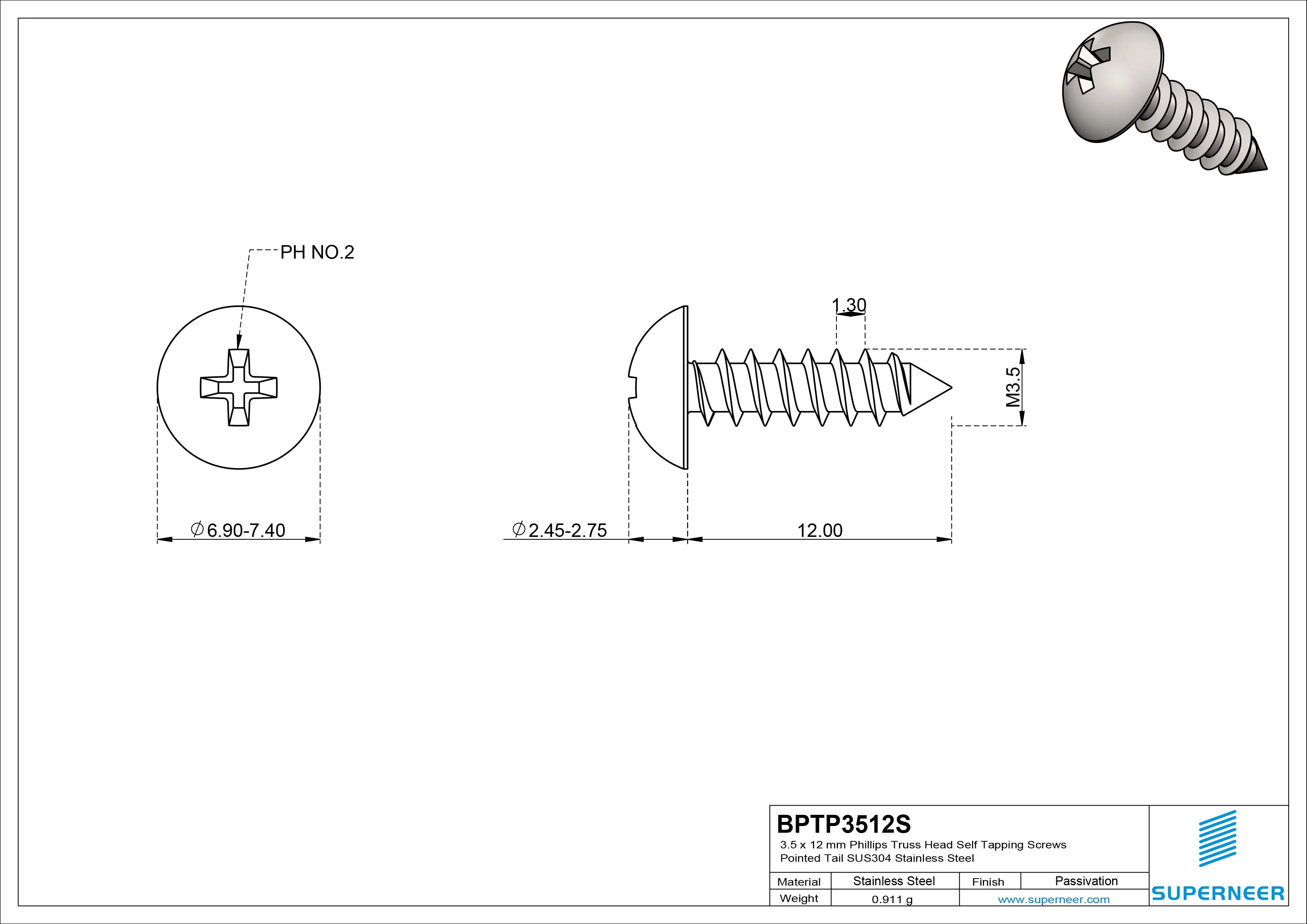 3.5 x 12mm Phillips Truss Head Self Tapping Screws Pointed Tail SUS304 Stainless Steel
