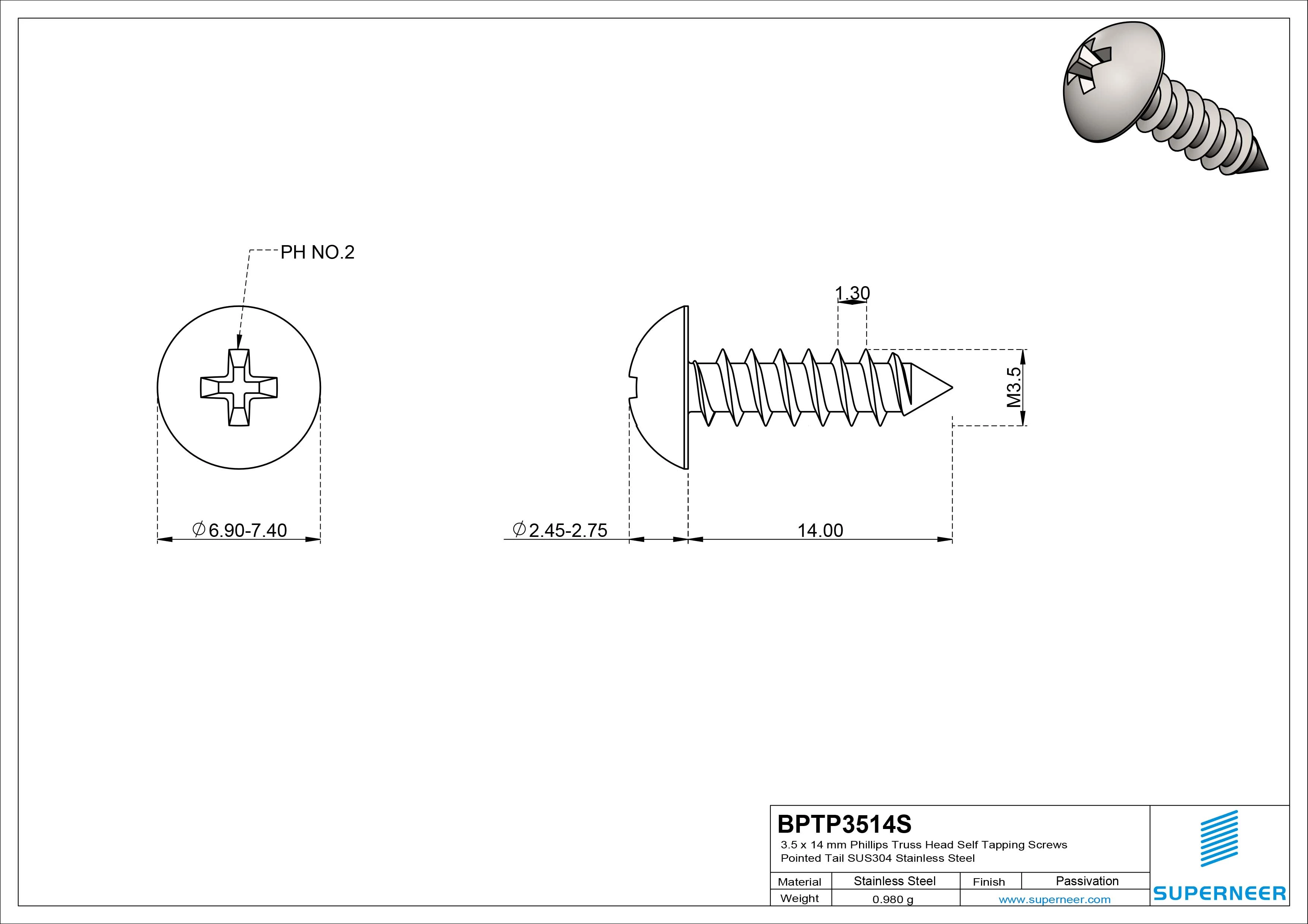 3.5 x 14mm Phillips Truss Head Self Tapping Screws Pointed Tail SUS304 Stainless Steel