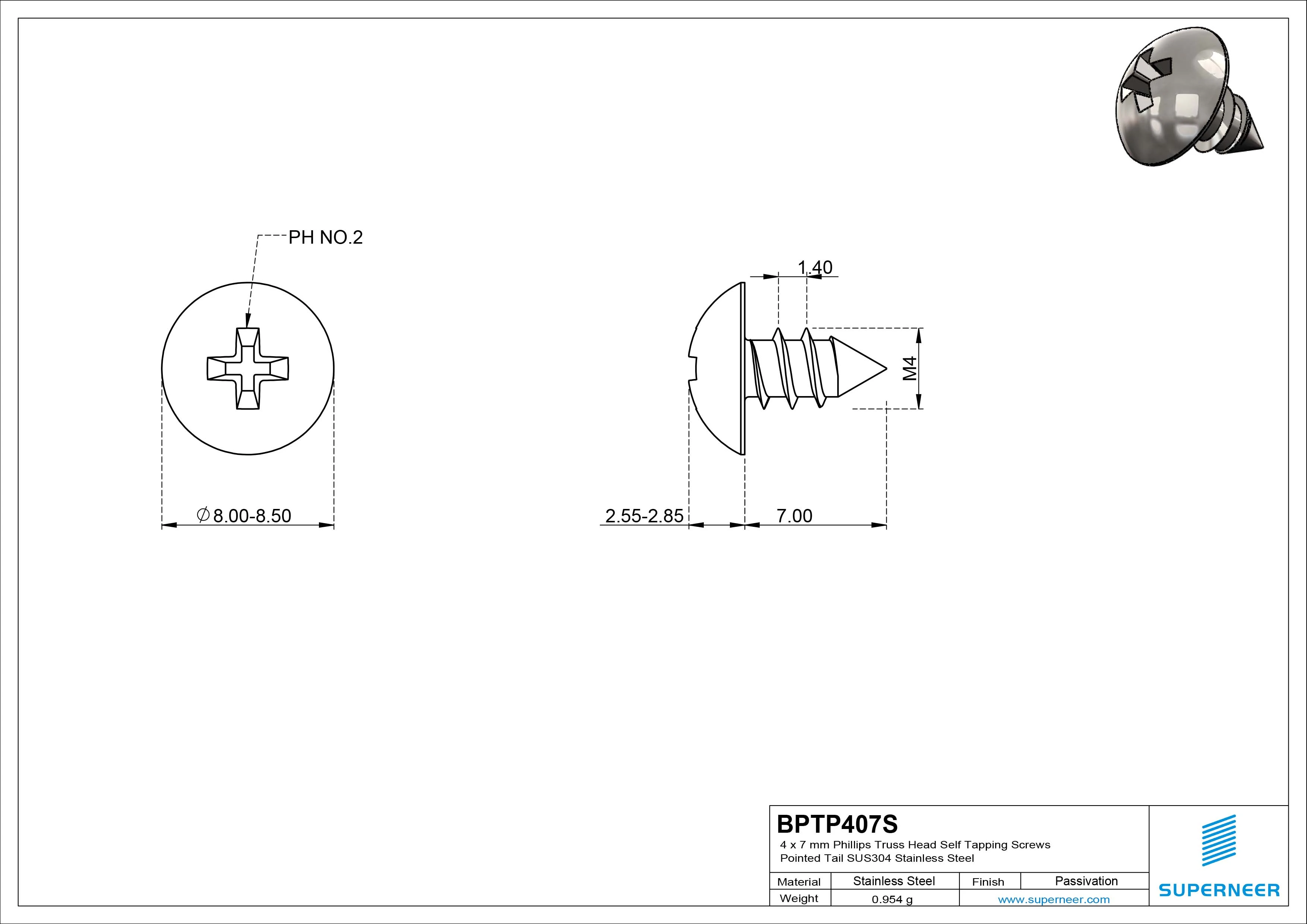 4 x 7mm Phillips Truss Head Self Tapping Screws Pointed Tail SUS304 Stainless Steel
