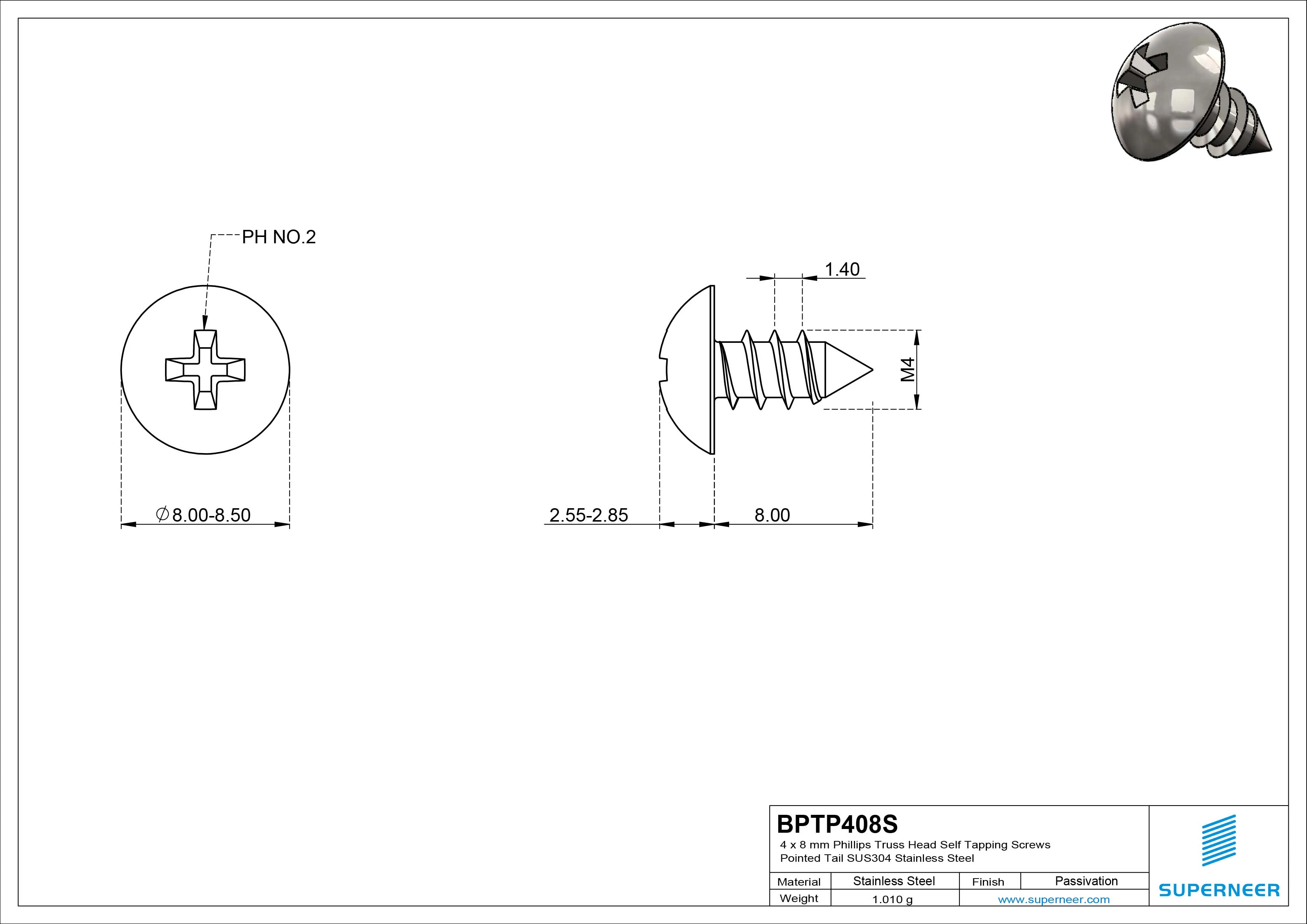 4 x 8mm Phillips Truss Head Self Tapping Screws Pointed Tail SUS304 Stainless Steel