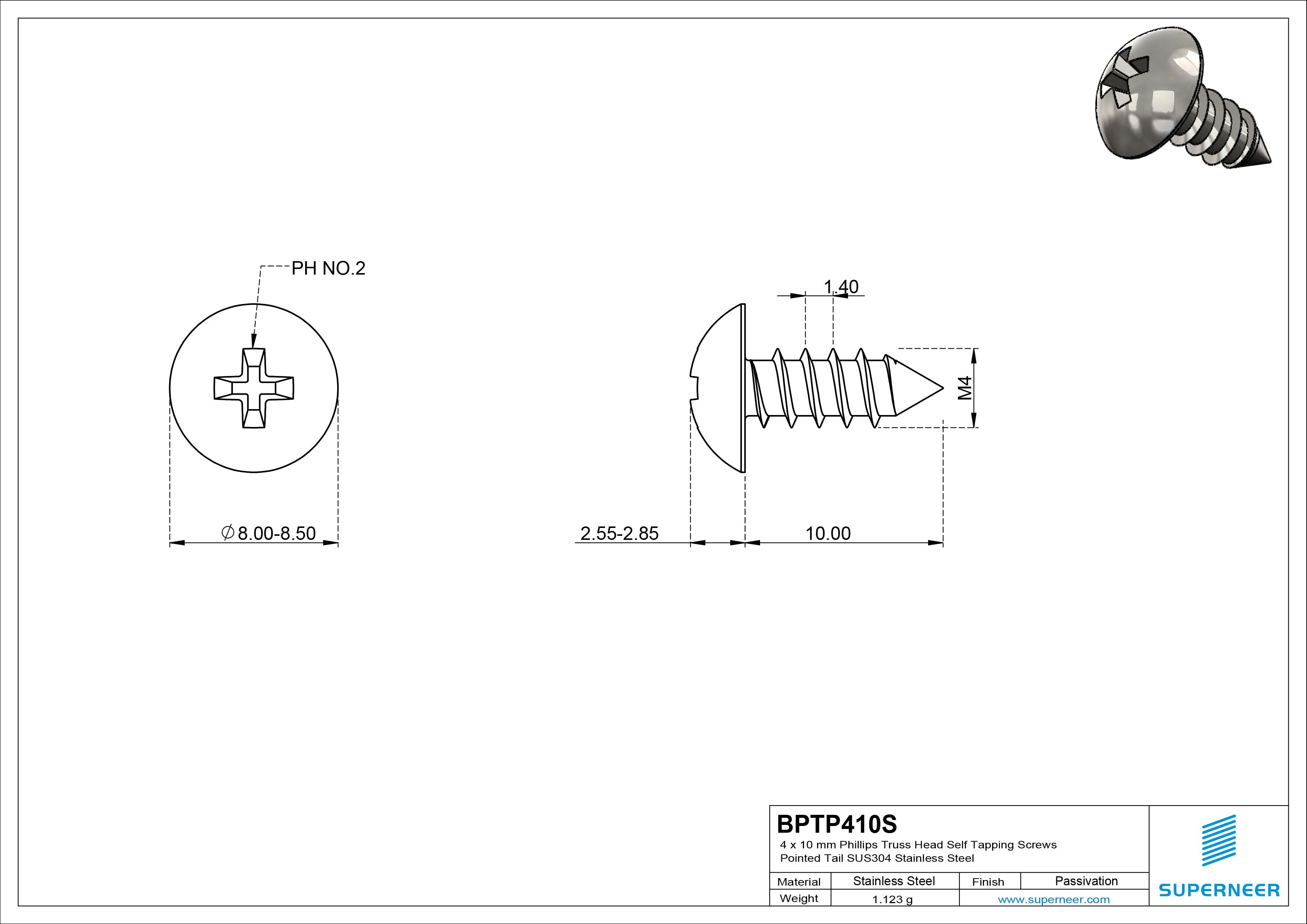 4 x 10mm Phillips Truss Head Self Tapping Screws Pointed Tail SUS304 Stainless Steel